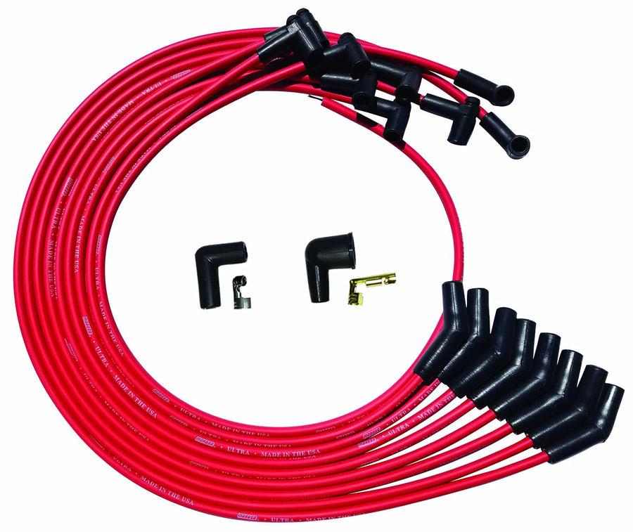 Moroso Ultra Series 52045 Red Spark Plug Wires, Big Block Chevy, Under Header Routing, 135 Degree Plug Ends, HEI Distributor