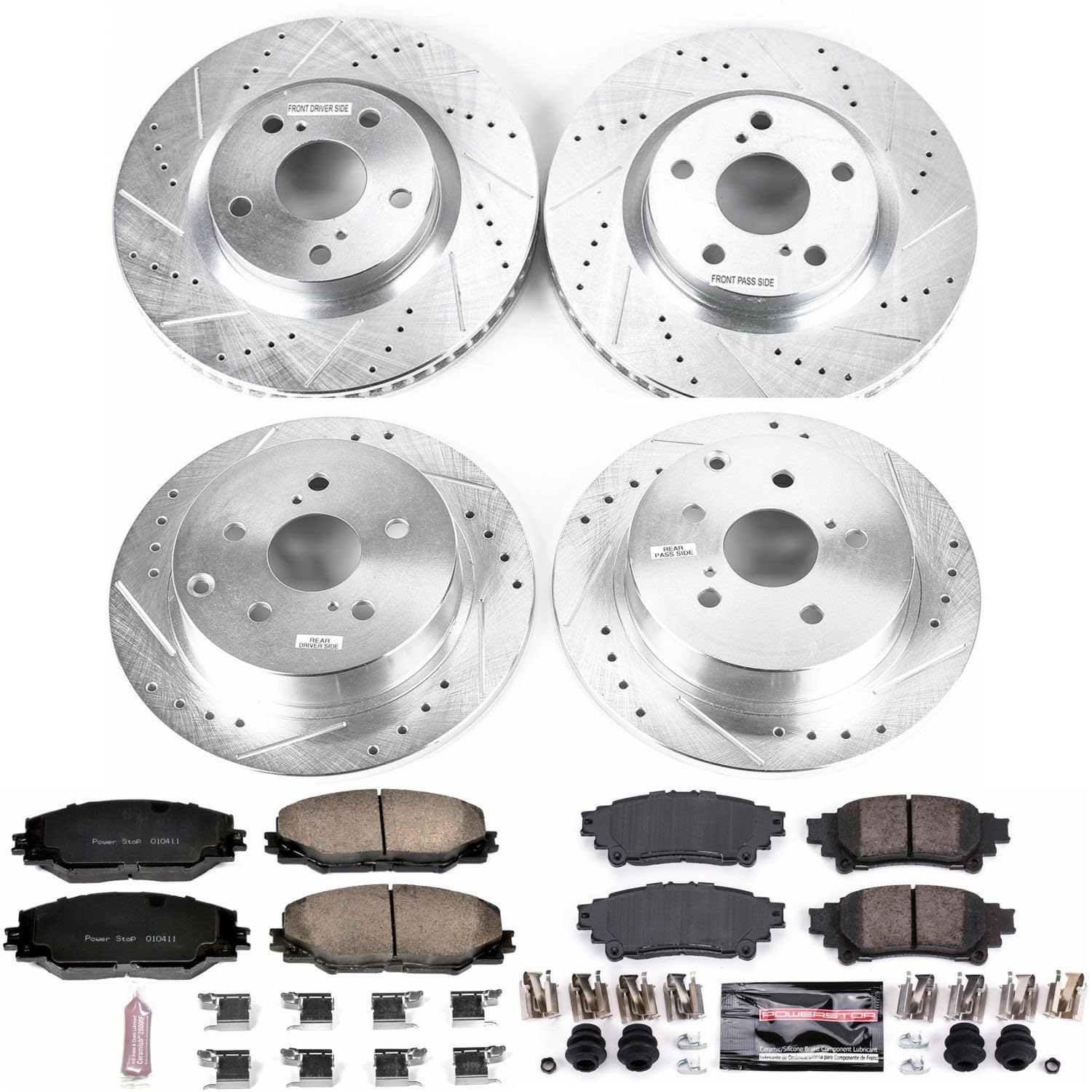 Power Stop K7503 Z23 Carbon Fiber Brake Pads Front and Rear with Drilled & Slotted Brake Rotors Kit For Toyota Mirai 2016-2019 [Model Specific]