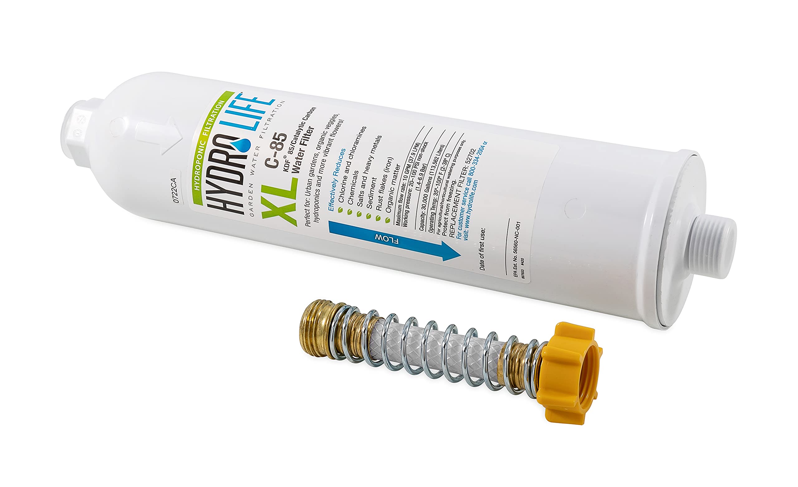 Hydroponics Hydro Life C-85 XL Inline Hose Filter Camco 52702 with Flexible Hose Protector - Reduces Chlorine and Other Contaminants, Promotes Healthy Plant Growth, White