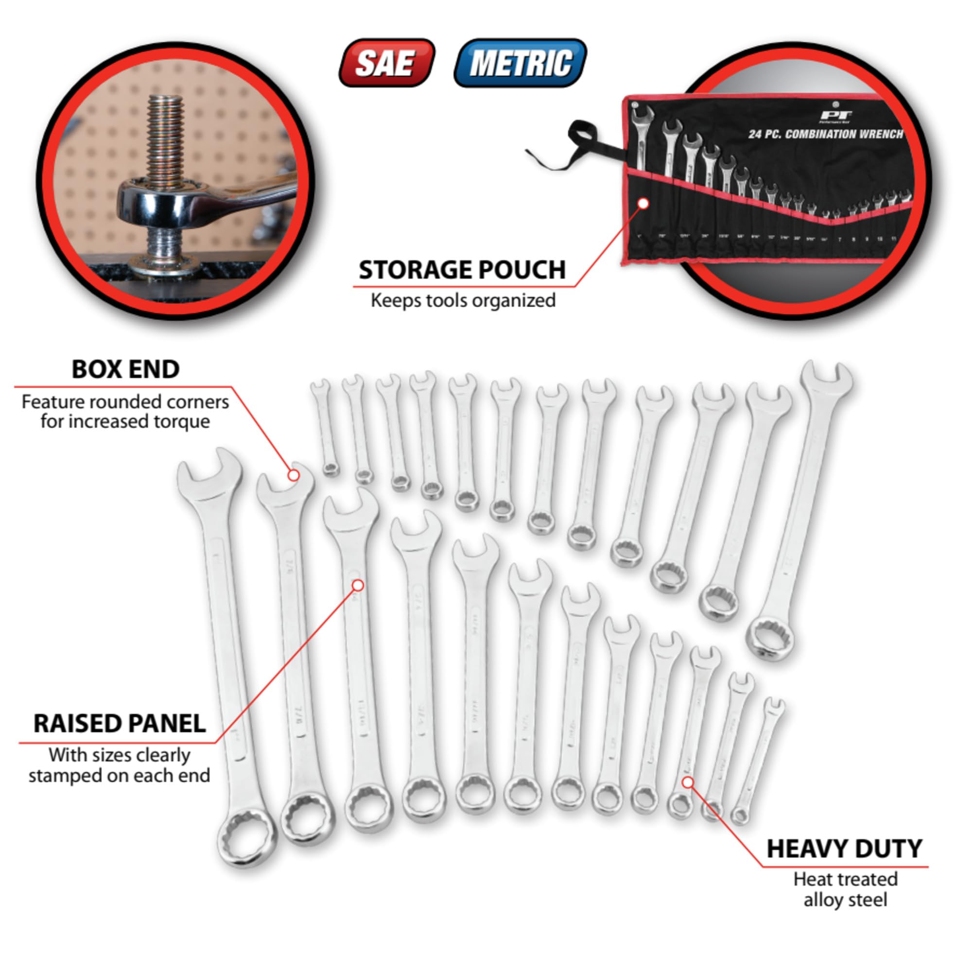W1074 Performance Tool 24 pc. SAE and Metric Combo Wrench Set: 1/4-in to 1-in and 7-22mm sizes, Made of Heat-Treated Steel, Raised Panel Design, Black Roll Pouch for Easy Storage