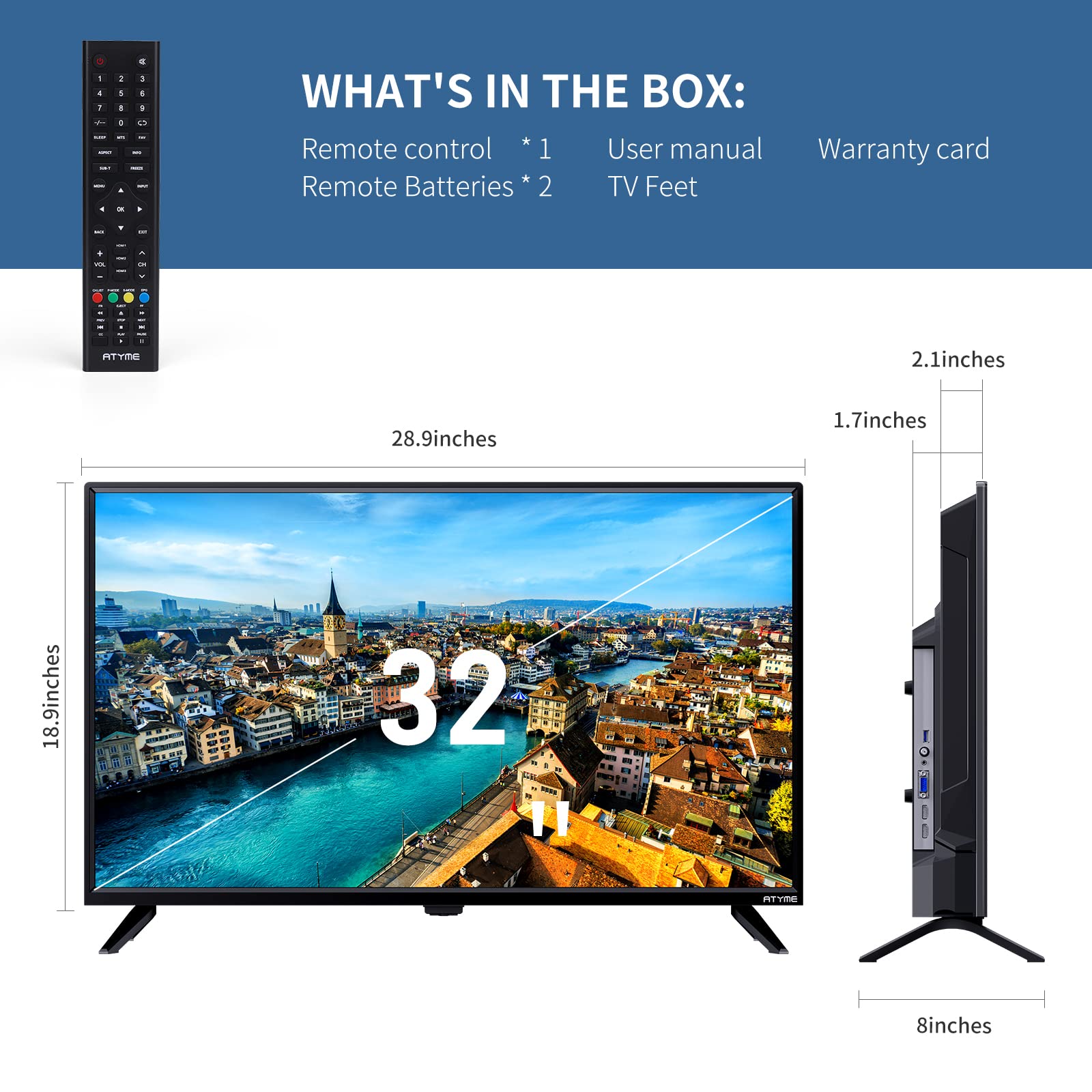 32-inch ATYME Class 60Hz 720p HD LED TV Flat Screen 1*USB 3* HDMI 1*VGA ARC Dual Channel 8W Speakers Monitor Television Non-Smart Television 320GM5HD