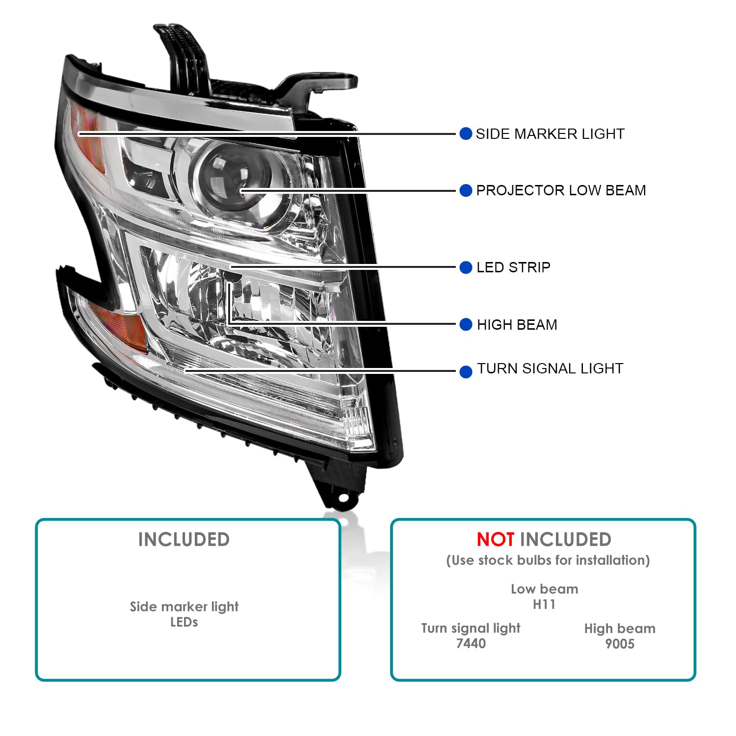 Chrome Projector Headlights w/LED DRL Strip SPEC-D TUNING Compatible with 2015-2020 Chevy Tahoe, Suburban, Left + Right Pair Headlamps Assembly
