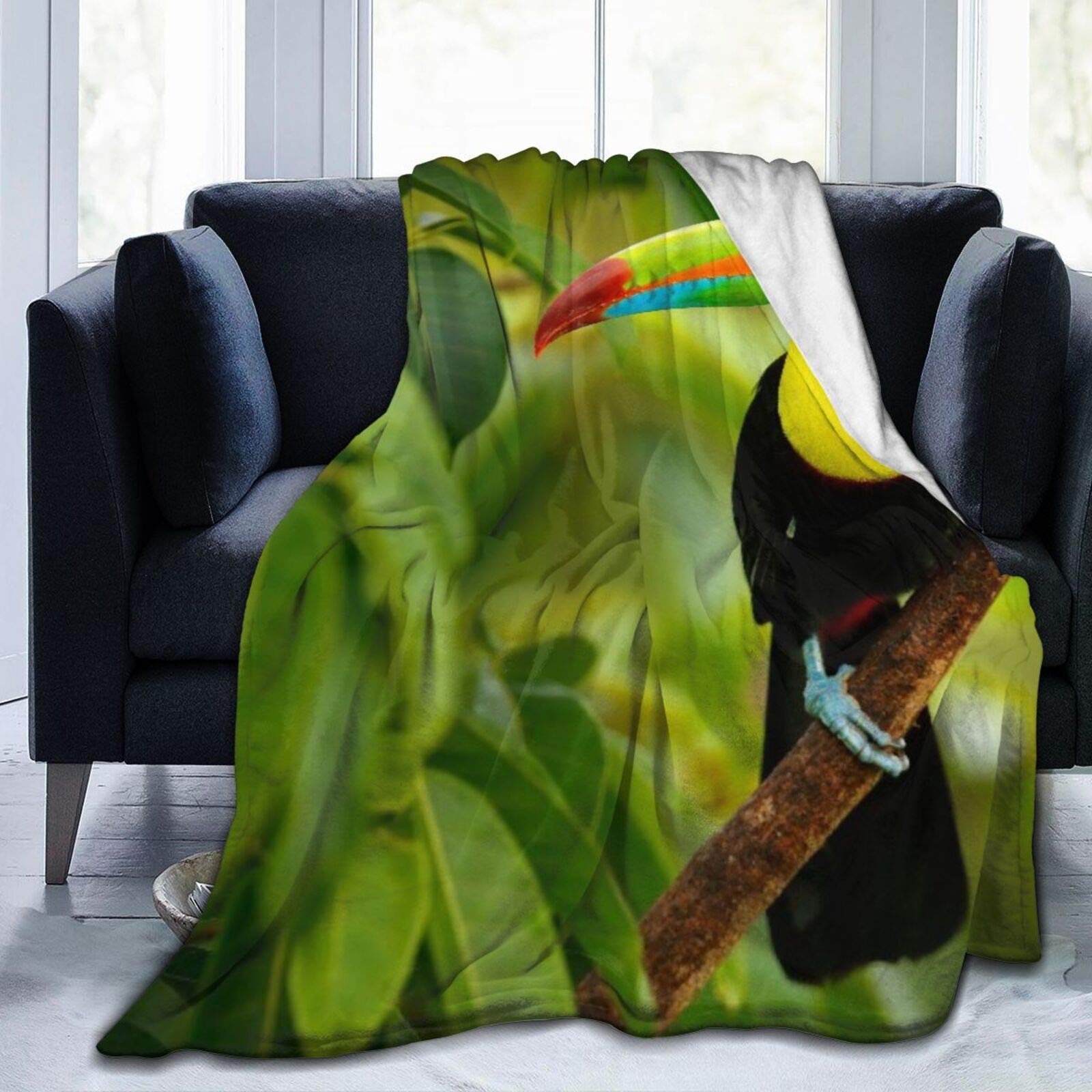 Custom Personalized Throw Blanket,Keel Billed Toucan Ramphastos Sulfuratus Bird Big Bill Sitting Branch In The Forest Boca Tapada Green,Soft Comfortable Plush Blanket for Sofa Bedroom Travel 50"X60"