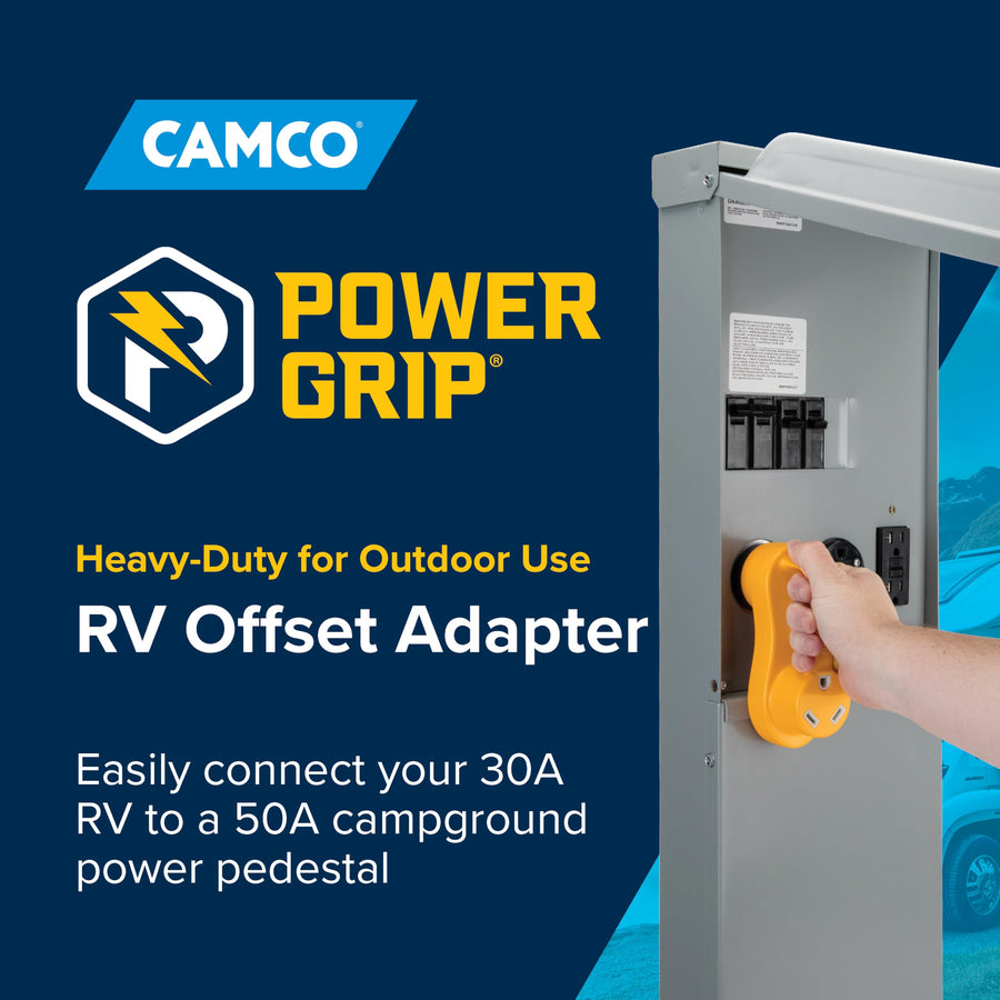 Camco Power Grip Electrical Adapter Offset - 50 amp to 30 amp RV Power Adapter - Design to Relieve Cord Stress (55135)