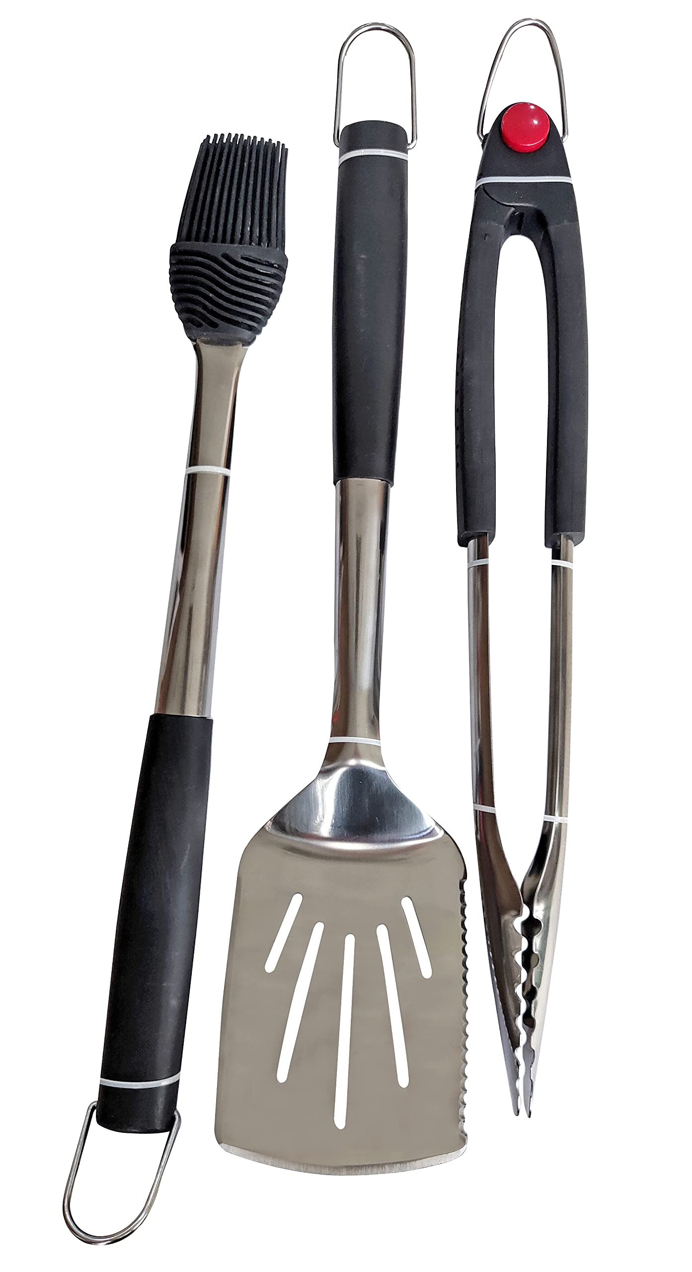 3PC Dyna Glo Stainless Steel and Silicone Soft Touch Handles - Spatula, Basting Brush, Tongs