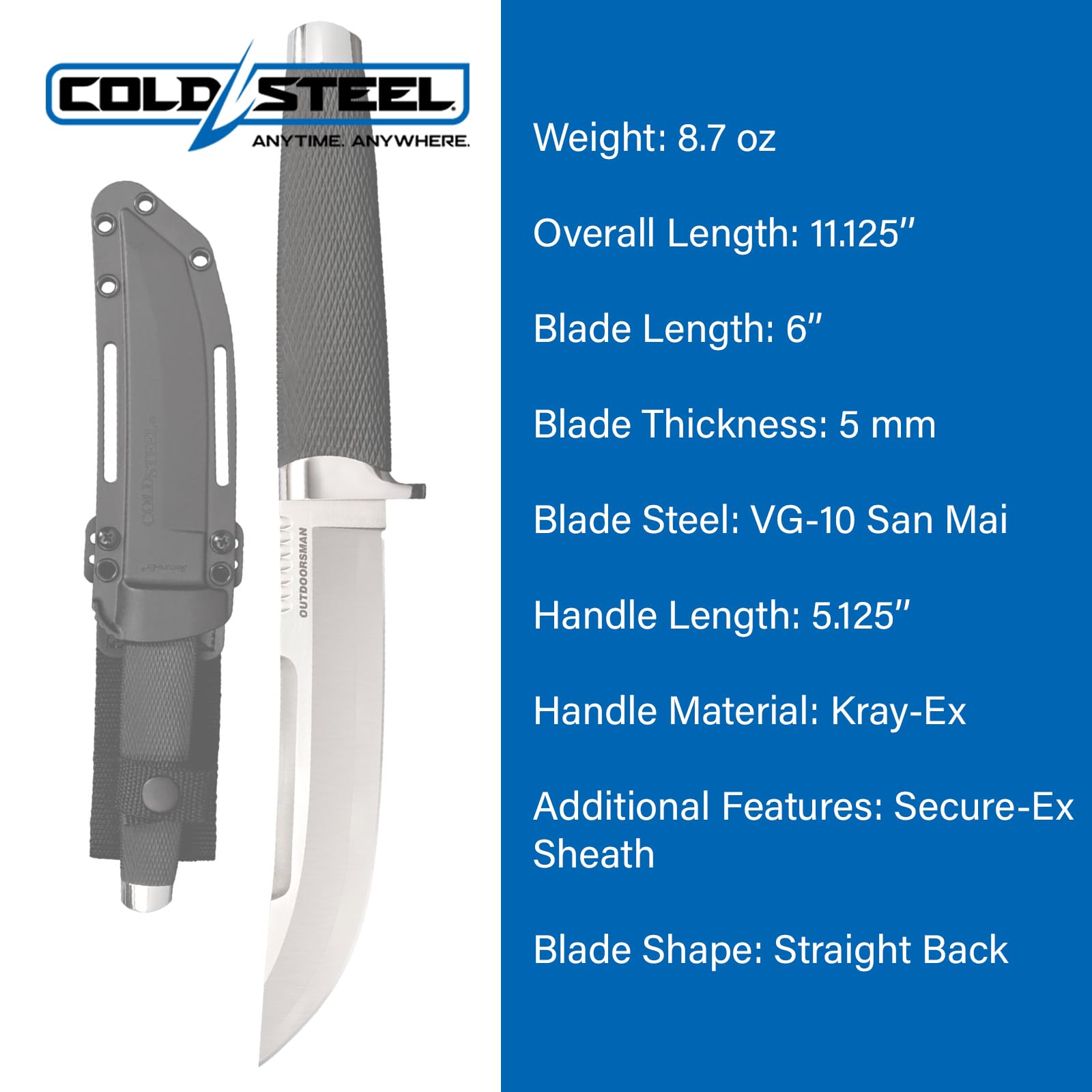 6" Cold Steel Outdoorsman VG-10 San Mai Razor-Sharp Straight Back Blade 5.125" Kray-Ex Handle Multi-Purpose Fixed Blade Knife w/Secure-Ex Sheath