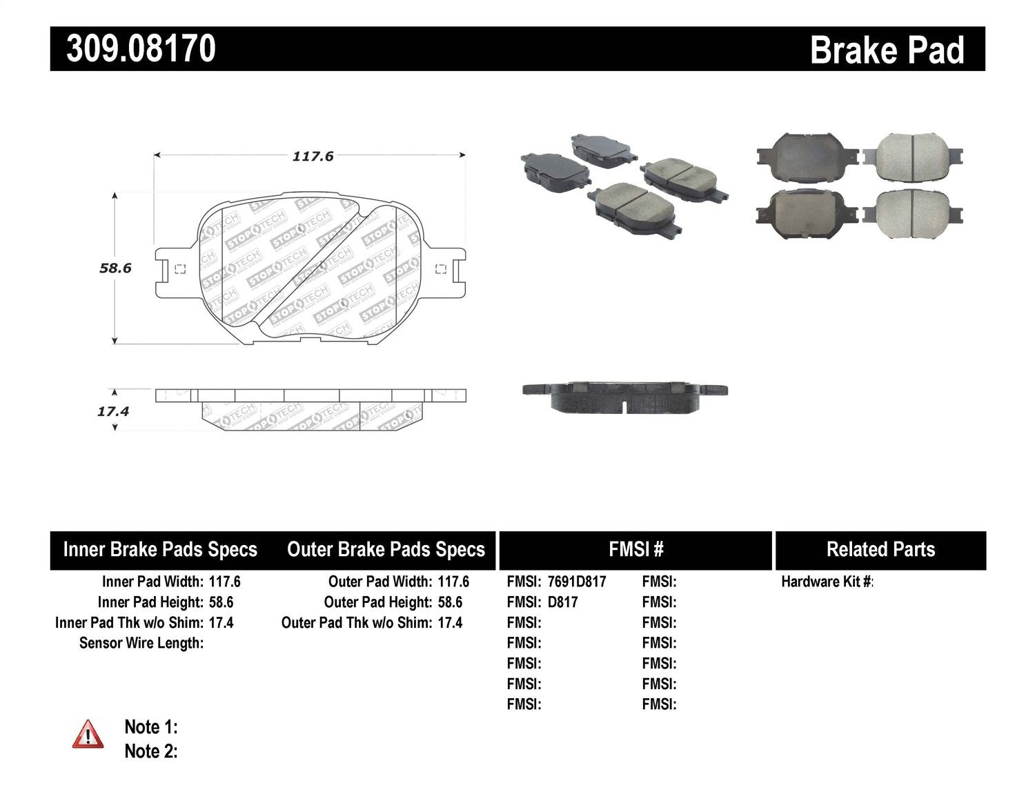 Sport Brake Pads StopTech 309.08170 with Shims and Hardware