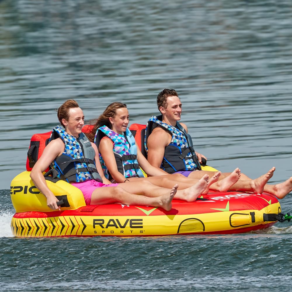 RAVE Sports Epic Tube Towable, 1-3 Riders, Dual Tow Points, Stable Couch-Style Seats with Backrest, Durable Nylon Cover, Neoprene Padding, Foam-Filled Reinforced Handles, Boat Towables-Tubes