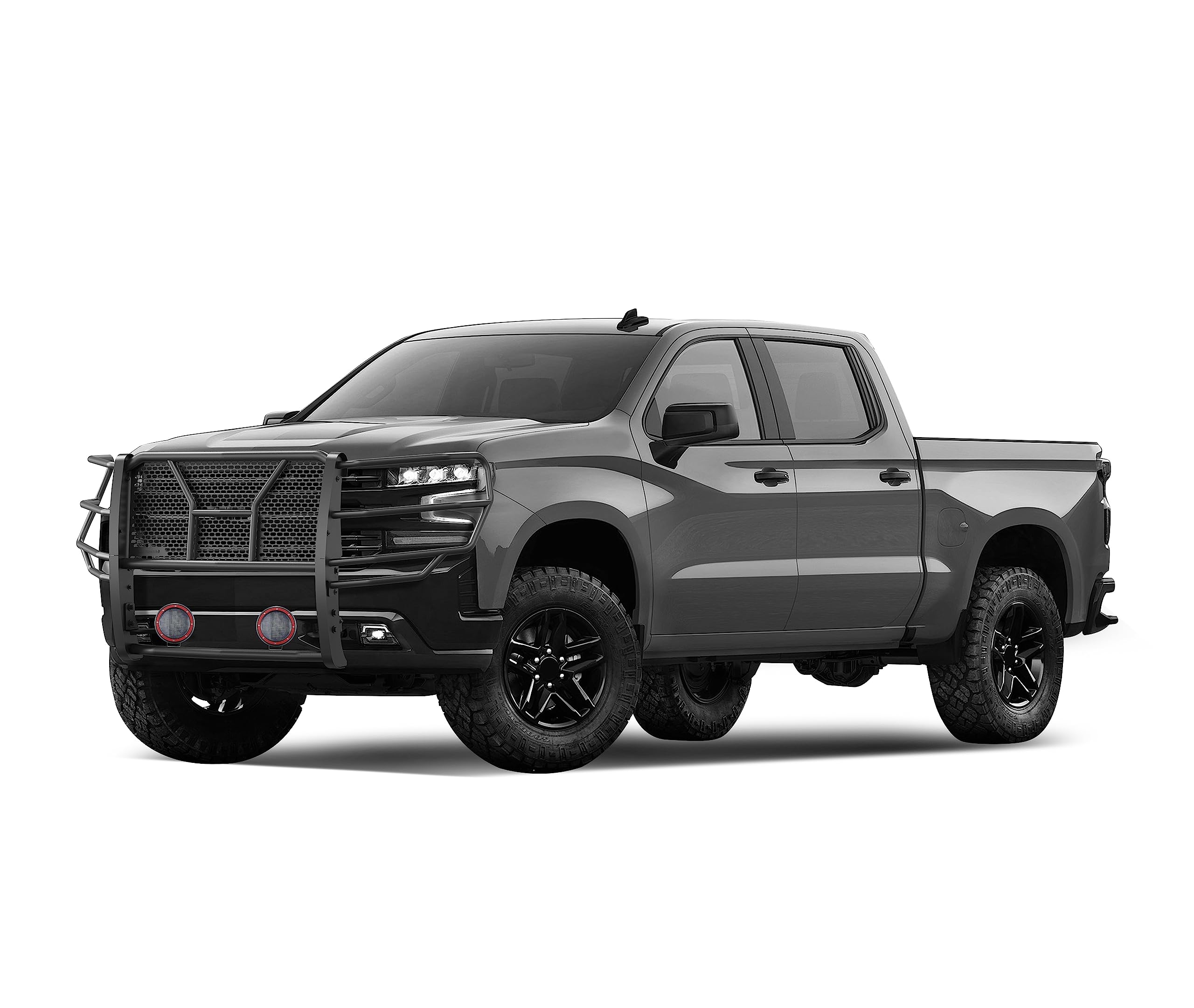 Heavy Duty Black Horse Rugged Grille Brush Bumper Guard Modular Black Come with Pair of 5.3" Dia.LED Lights with Red Trim Rings Compatible with 2019-2024 Chevrolet Silverado 1500-RU-CHSI19-B-PLFR