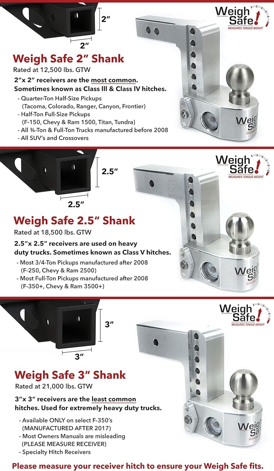Weigh Safe Adjustable Aluminum Trailer Hitch - Anti-Sway Towing Hitch for 3" Receivers - 10" Drop Hitch, 21,000 lbs GTW, 4-Piece Lock Set