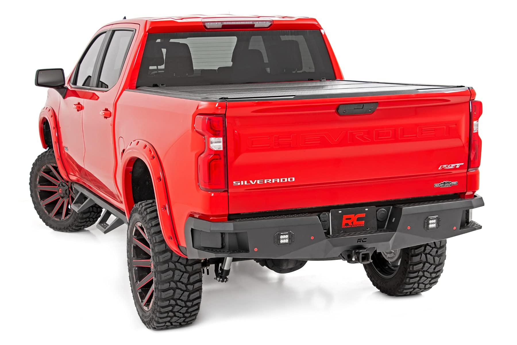 Heavy Duty Rough Country Rear LED Light Bumper Kit for Chevy Silverado 1500 (2019-2024) - Integrated Steps, Flush Mount LED Lights