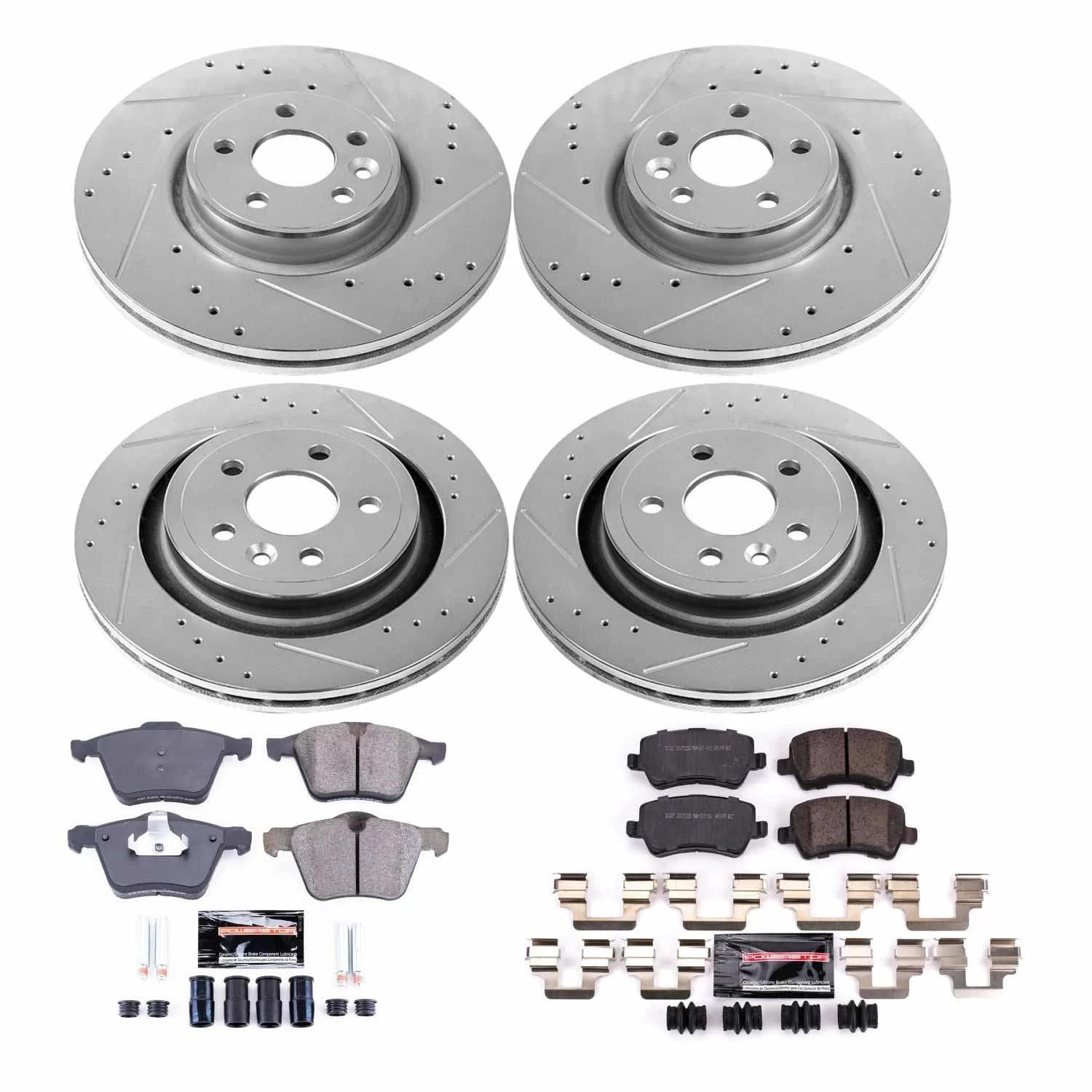 Power Stop K4118 Z23 Carbon Fiber Brake Pads Front and Rear with Drilled & Slotted Brake Rotors Kit For Volvo S60, Volvo S80, Volvo V60, Volvo XC70 [Model Specific]