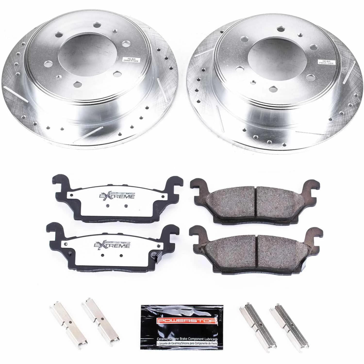Rear Brake Kit Power Stop For 2006 2007 2008 2009 2010 Hummer H3 2009 2010 Hummer H3T - Truck & Tow Carbon Fiber Ceramic Brake Pads & Drilled and Slotted Rotors Replacement, K3067-36