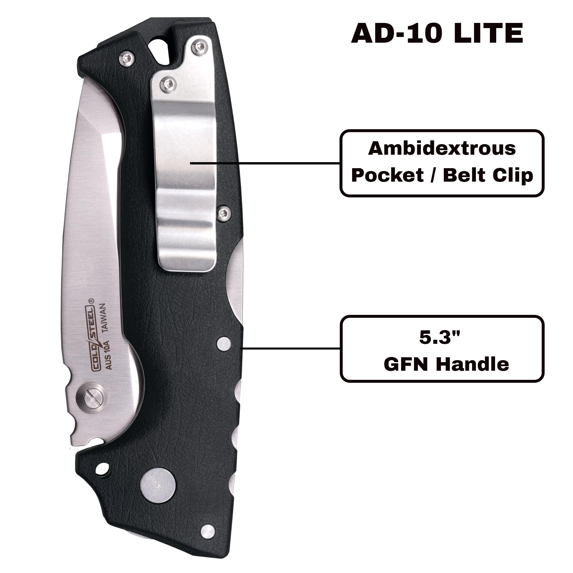 AD-10 Lite COLD STEEL 3.5" AUS10A Steel Ultra-Sharp Tanto Point Blade 5.25" GFN Handle Tactical Folding Knife - Tri-Ad Locking Mechanism