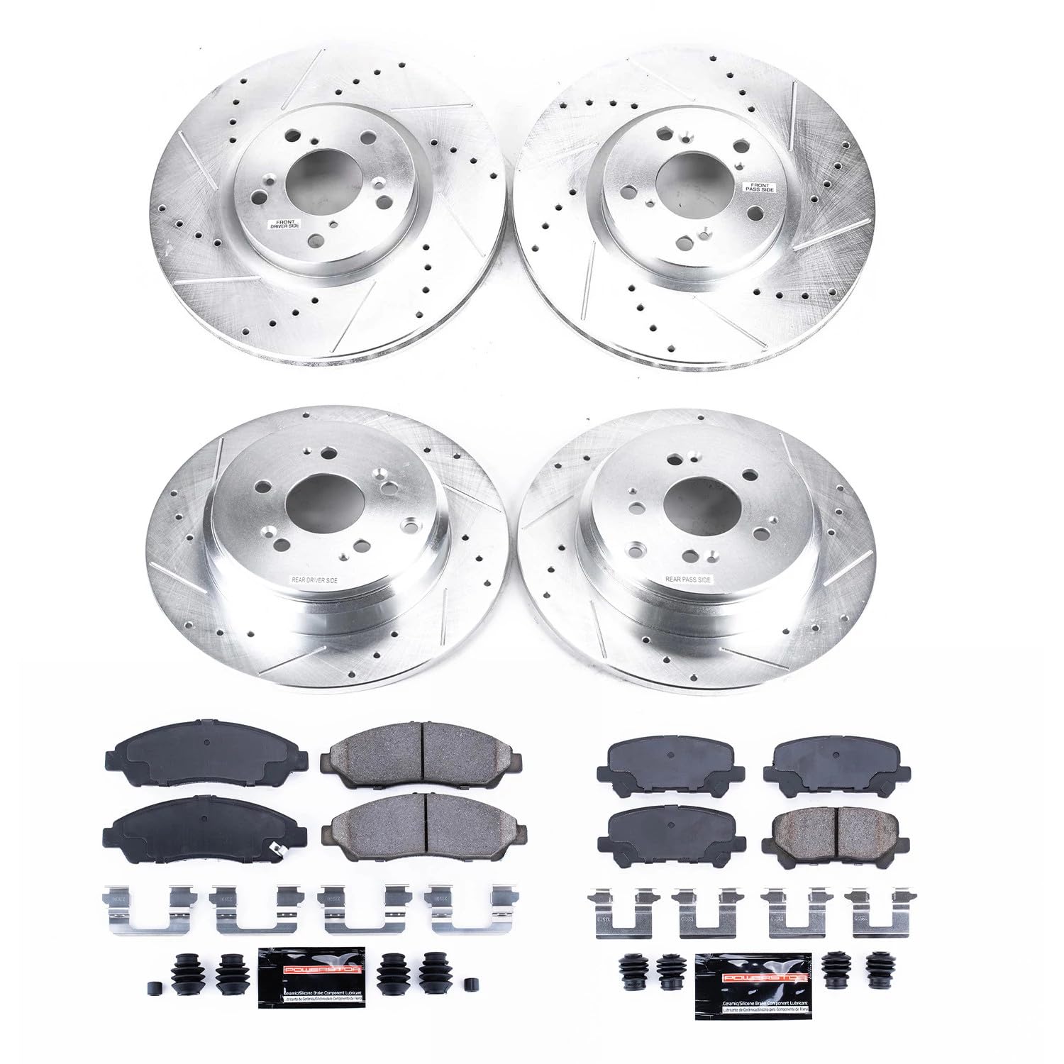 Front and Rear Brake Kit PowerStop For Acura MDX 2007-13 |ZDX 2010-13 |Honda Pilot 2009-11 - Drilled and Slotted Disc Rotors with Ceramic Brake Pads Replacement, K5369