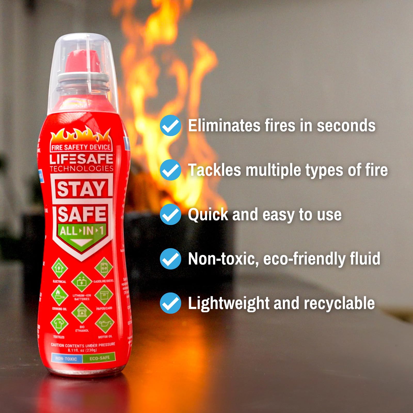 StaySafe LifeSafe Technologies All-in-1 Portable Fire Extinguisher, Compact Fire Spray Easy to use on 10 Types of Fires, Non-Toxic & Eco-Friendly