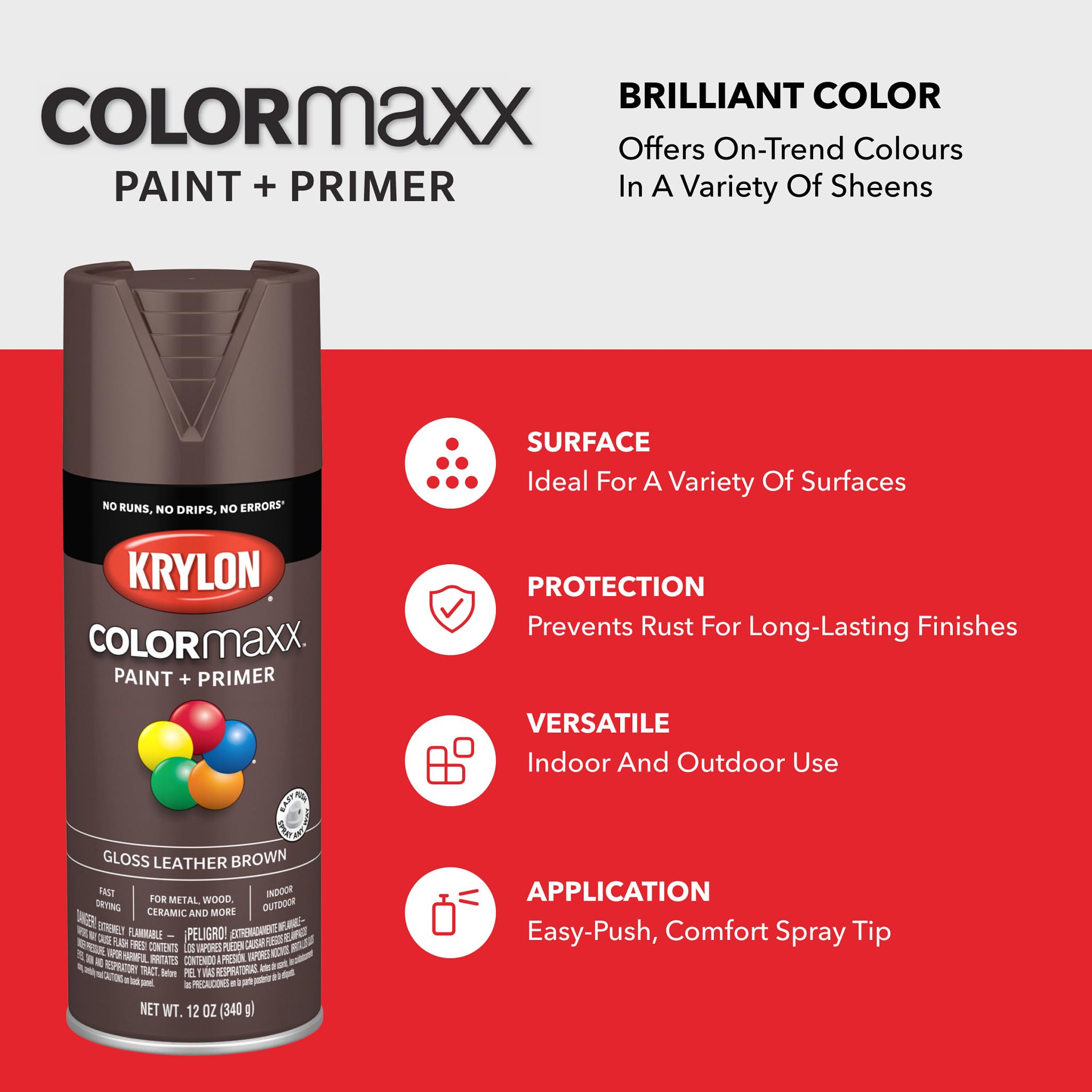 Krylon K05527007 Spray Paint and Primer COLORmaxx for Indoor/Outdoor Use, Gloss Leather Brown, 12 Ounce (Pack of 1)