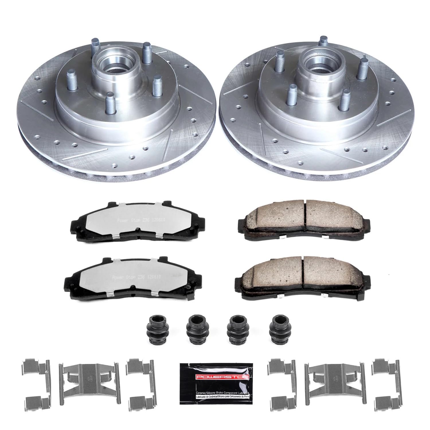 Power Stop Front Brake Kit For 1995 1996 1997 Mazda B2300 1995 1996 1997 Ford Ranger - Truck & Tow Carbon Fiber Ceramic Brake Pads & Drilled and Slotted Rotors Replacement, K5079-36