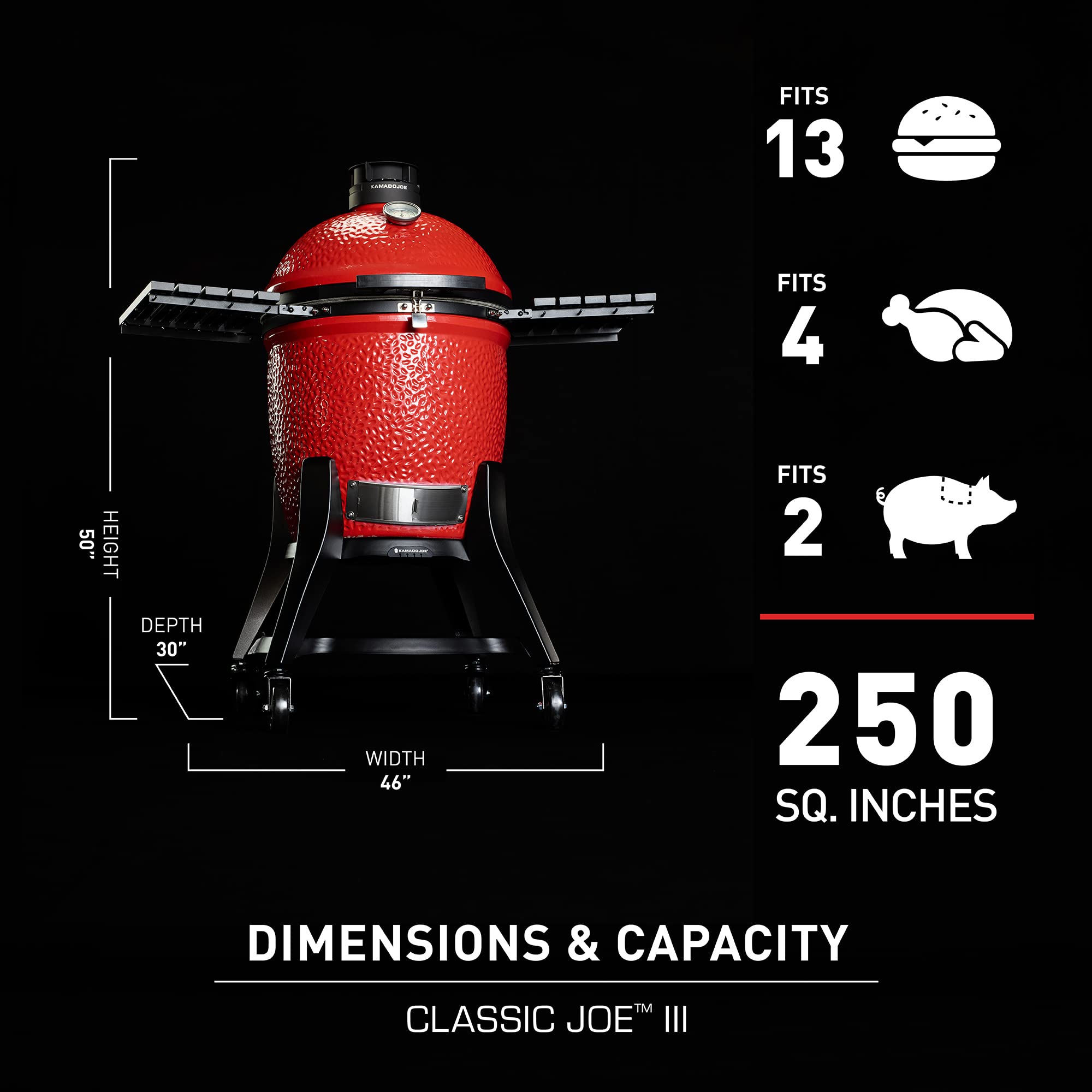 Classic Joe™ Kamado Joe® Series III 18-inch Charcoal Grill & Smoker, Red, with Cart, Side Shelves, Grill Gripper, and Ash Tool, 3 Tier Cooking System, Stainless Steel Cooking Grates, Model KJ15040921
