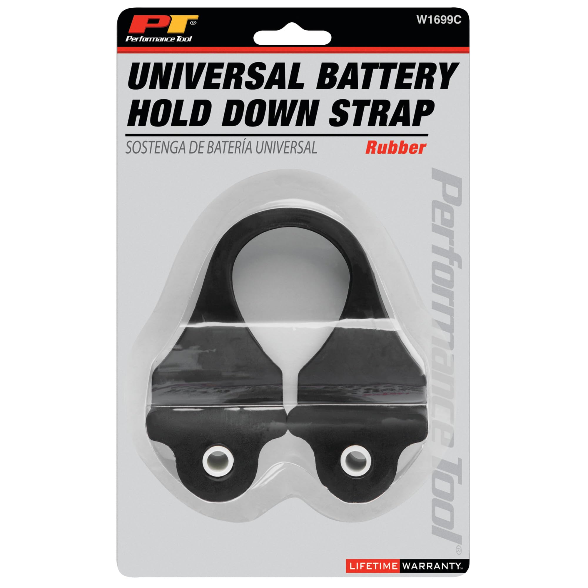 Heavy-Duty Performance Tool W1699C Solid Rubber Battery Hold-Down with Nylon Inserts for Enhanced Strength - Compatible with Most Battery Sizes