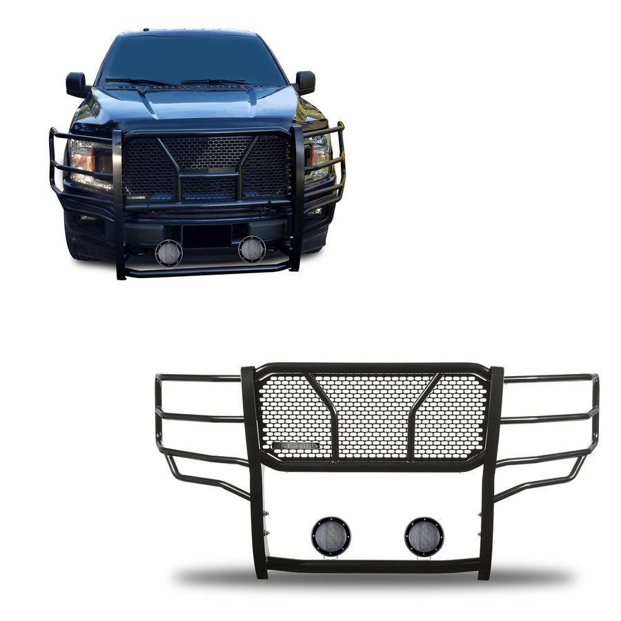 Heavy Duty Black Horse Rugged Grille Brush Bumper Guard Modular Black Come with Pair of 5.3" Dia.LED Lights with Black Trim Rings Compatible with 2015-2020 Ford F-150-RU-FOF115-B-PLFB