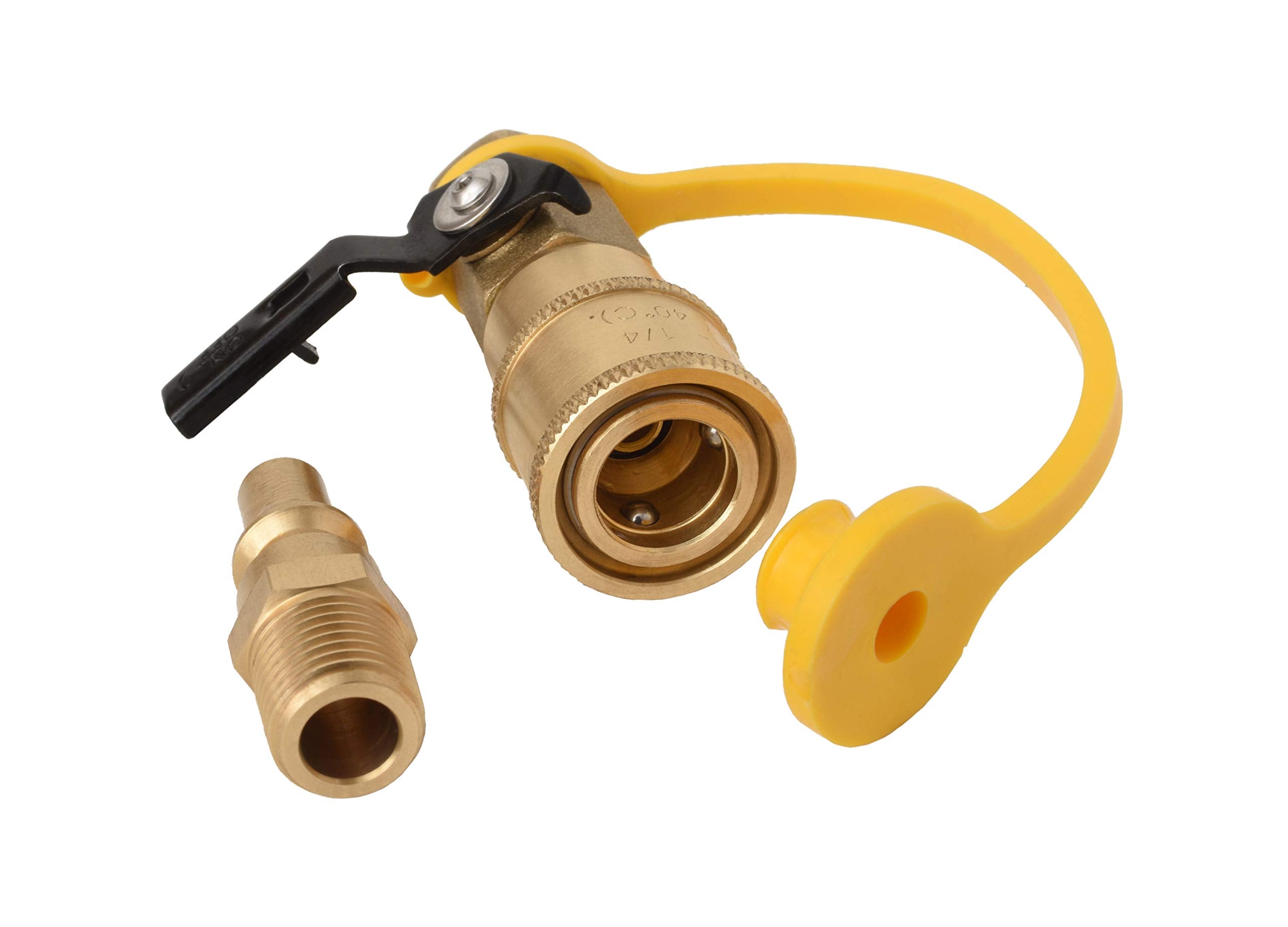 1/4" RV Propane Flame King Quick Connect Adapter for Propane Hose, 1/4" Quick Connect or Disconnect Kit - Shutoff Valve & Full Flow Plug - 100% Solid Brass