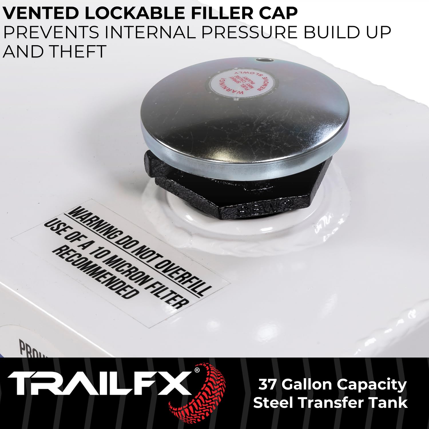 Liquid Transfer Tank TrailFX 21040SW 37 Gallon Capacity Rectangular Vertical Steel Tank Gloss White Powder Coat Vented Lockable Cap For Diesel and Non-Flammable Liquids