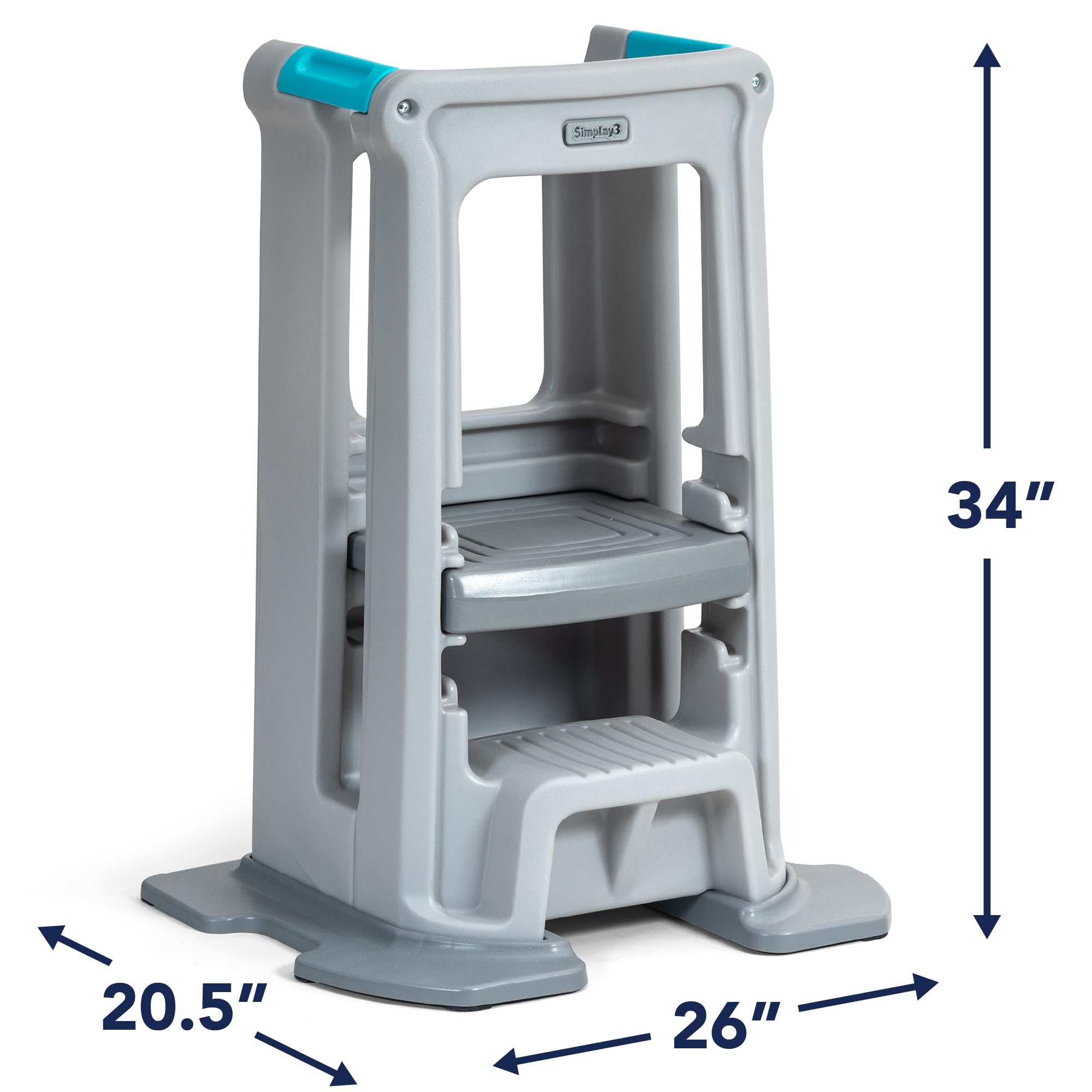 Simplay3 Montessori Toddler Tower Standing Kitchen Step Stool with Sturdy Stabilizing Base and Adjustable Platform, 20.5" D x 26" W x 34.5" H, Ages 18 Months to 5 Years, Gray