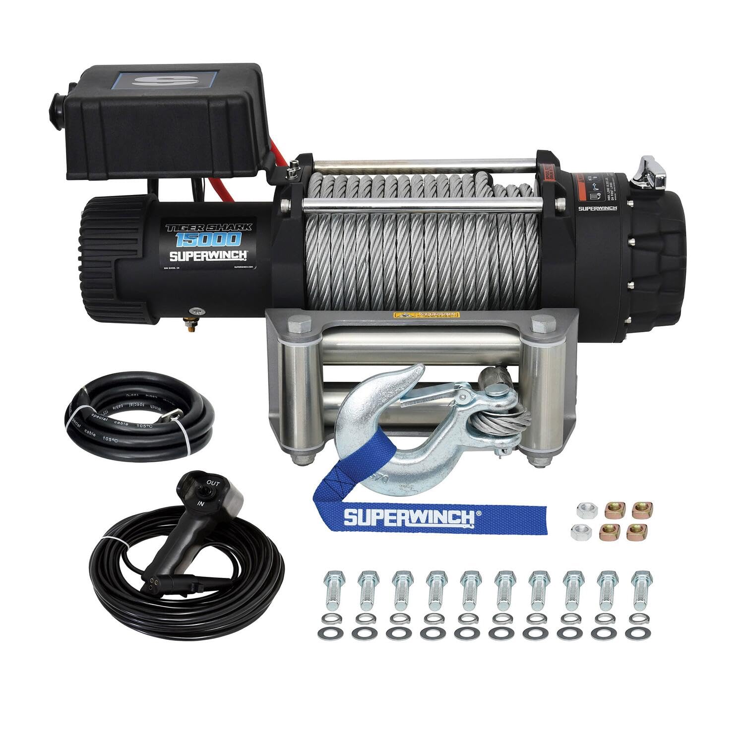 Tiger Shark SUPERWINCH, 15000 lb Capacity, Roller Fairlead, 7/16 in x 82 ft Steel Rope, 12V, Kit
