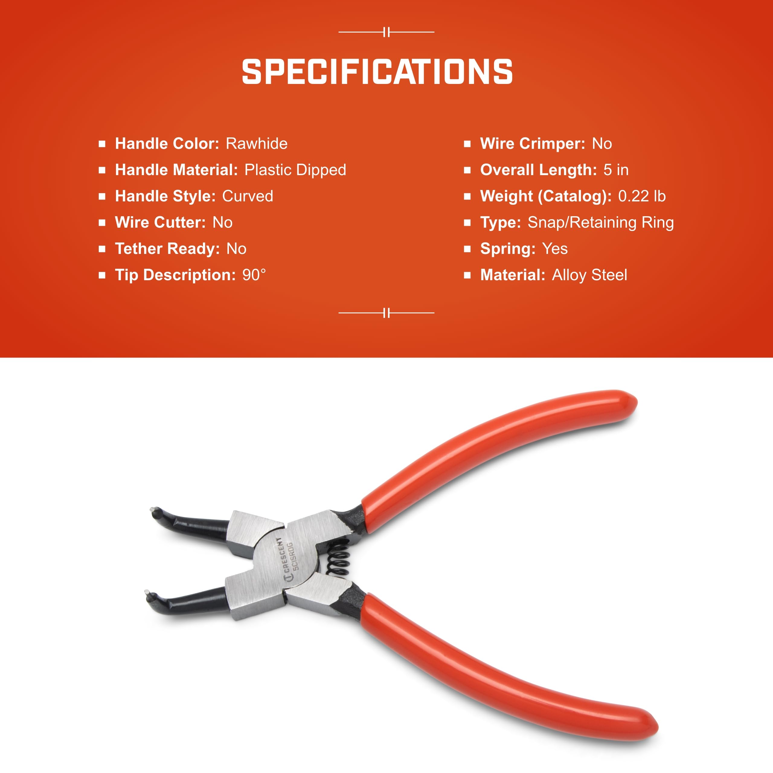 Crescent Internal Snap Ring Pliers 90-Degrees - Heavy Duty Mechanic Tool for Internal Snap Rings Removal - Curved Tips - 5" - 5CISRDG