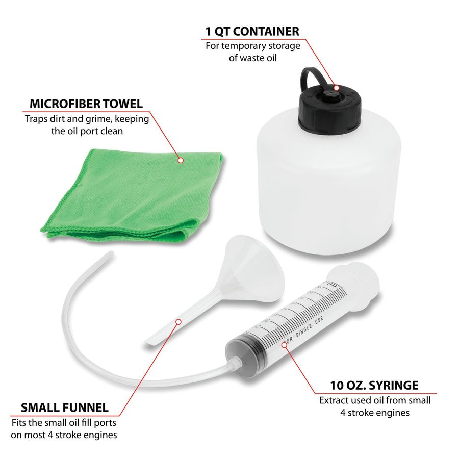 W4075 Performance Tool 4-Stroke Oil Extractor and Changer with Suction Syringe, Funnel, and Microfiber Towel - Easy Oil Changes for Small Engines