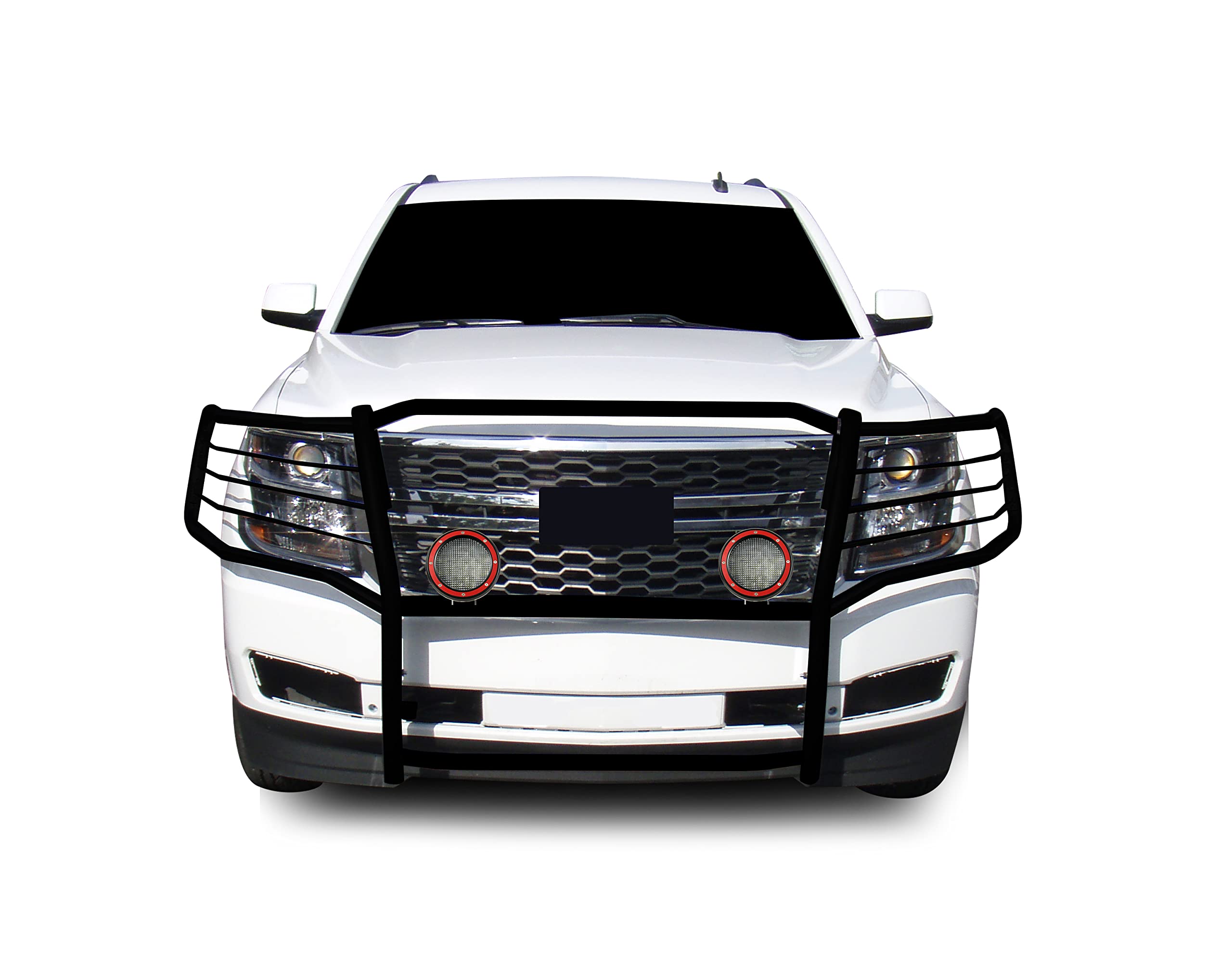 Black Horse Grille Brush Bumper Guard Black Modular Come with Pair of 5.3" Dia.LED Lights with Red Trim Rings Compatible with 2015-2023 Chevrolet Suburban |2015-2023 Chevrolet Tahoe-17GT20MA-PLFR