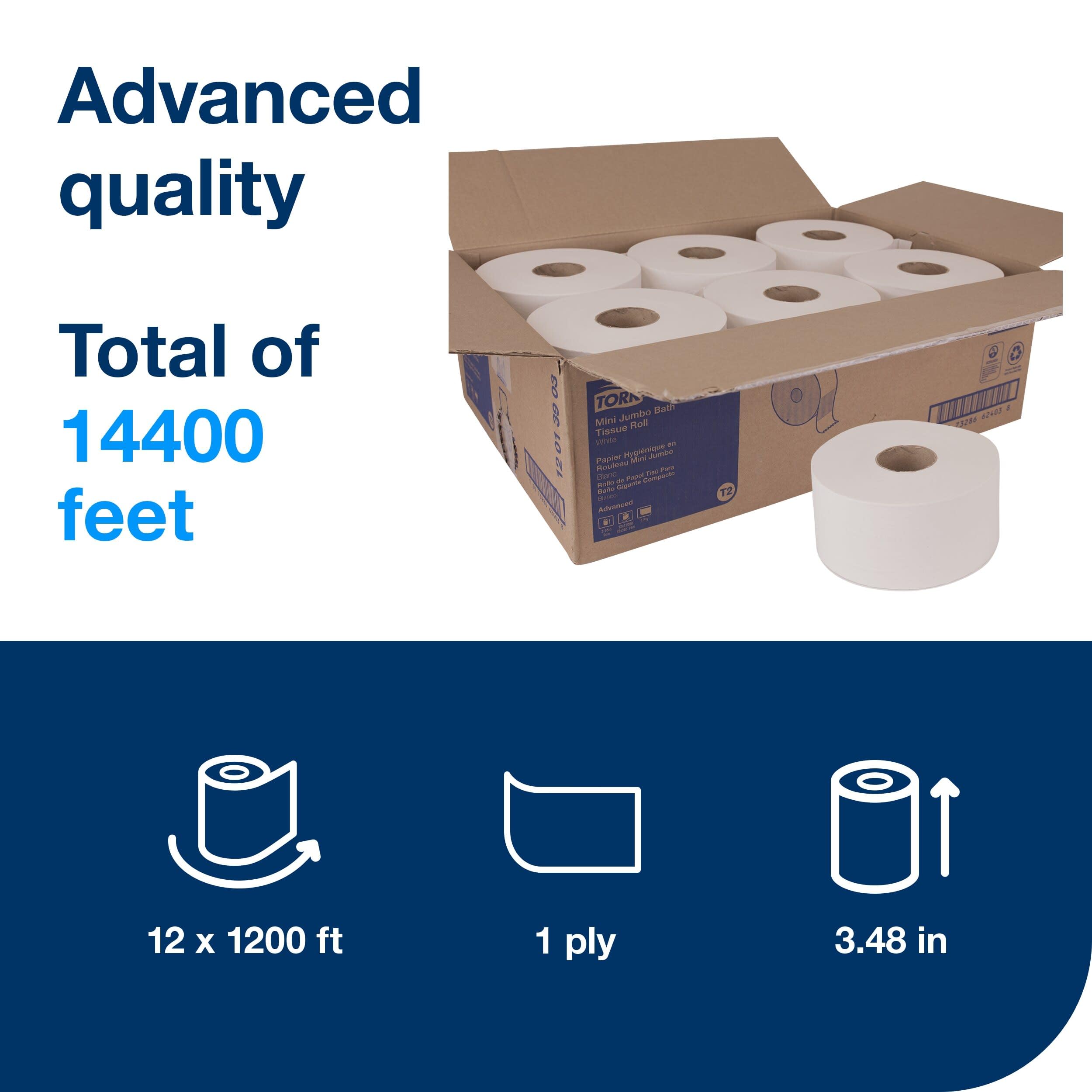 Tork Toilet Paper Roll Mini Jumbo White T2, Advanced, 1-Ply, 12 x 1200', 12013903