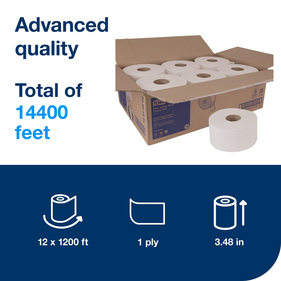 Tork Toilet Paper Roll Mini Jumbo White T2, Advanced, 1-Ply, 12 x 1200', 12013903
