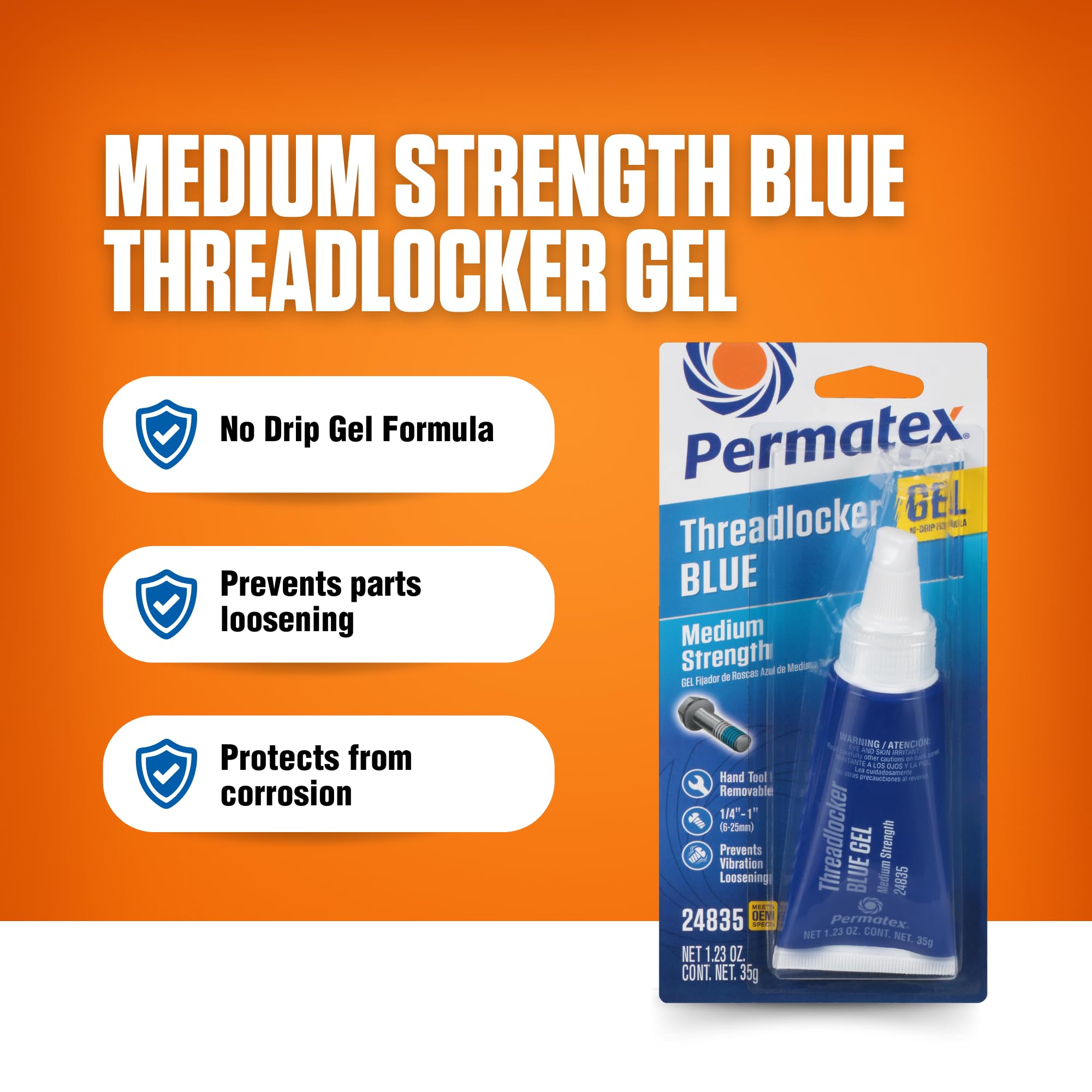 Threadlocker Blue Gel Permatex Medium Strength, Thread Lock & Screw Glue for Bolts Nuts & Fasteners to Prevent Loosening & Corrosion, Removable w/Hand Tools 35 ml