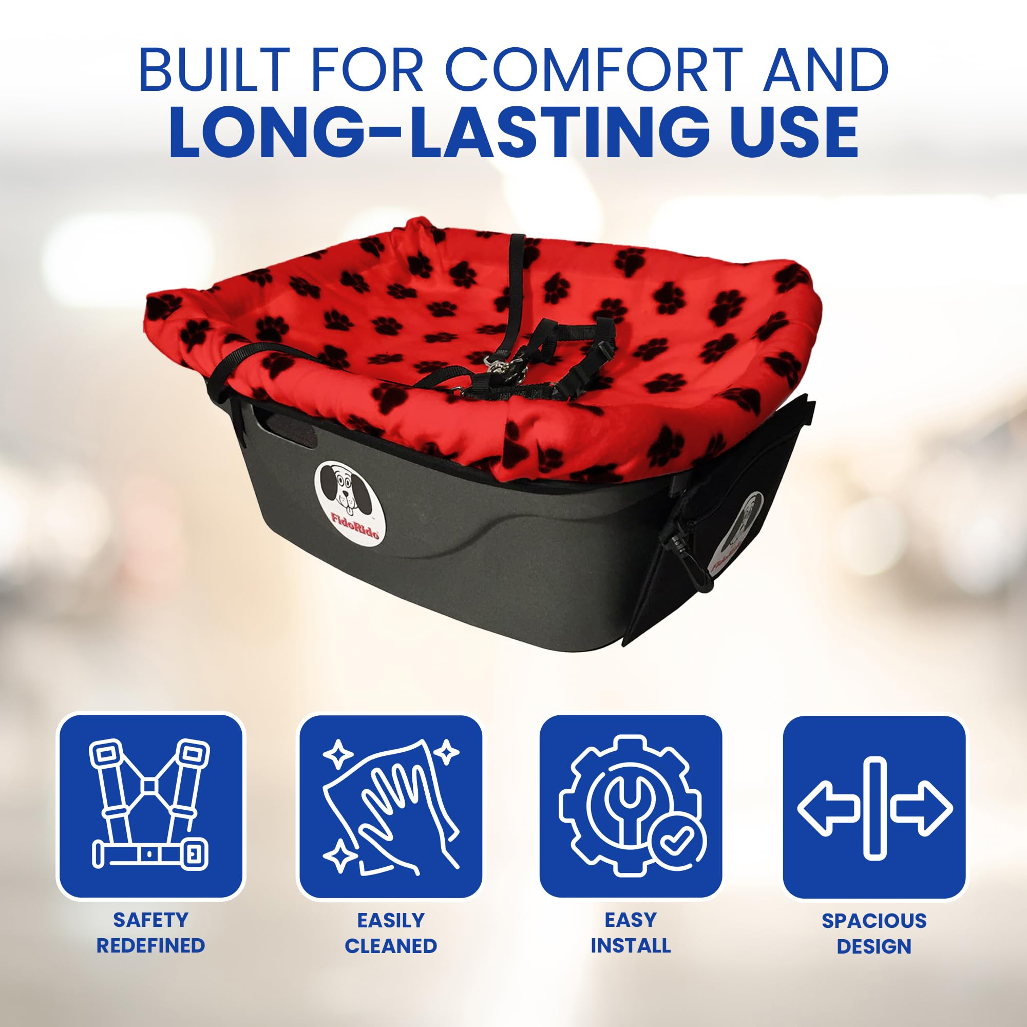 Dog Car Seat FidoRido - Pet Booster Seat for Small to Large Dogs with Comfortable Cushions, Sherpa Cover, and Safety Straps, Easy to Install, Ideal for Travel, Red, Black Paw Prints - Medium Harness