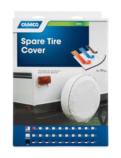 Camco Spare Tire Cover/RV Camper | Features Arctic White Vinyl & Heavy Duty Nylon Thread for Weatherproof Seams | Fits 34-Inch Diameter Tires & Measures 34.5-Inches in Diameter (45340)