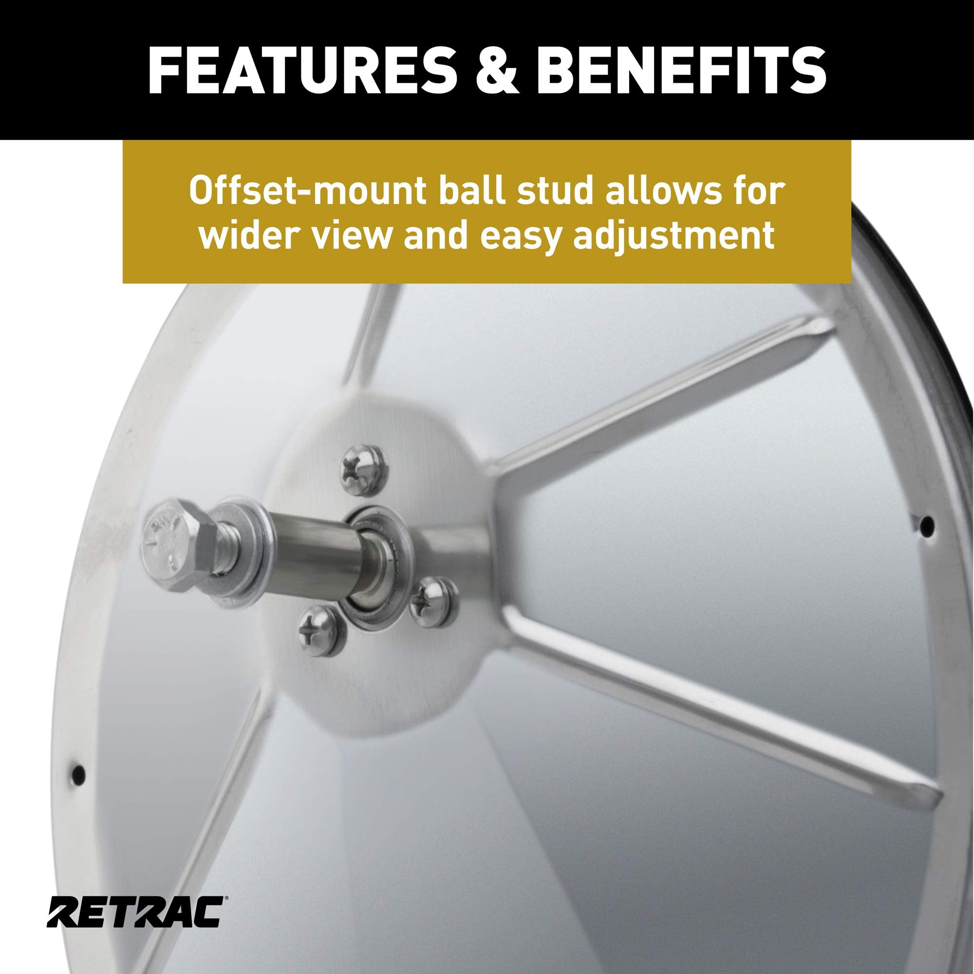 8-Inch Stainless Steel RETRAC Offset-Mount Convex Mirror Head, Universal Driver or Passenger Side