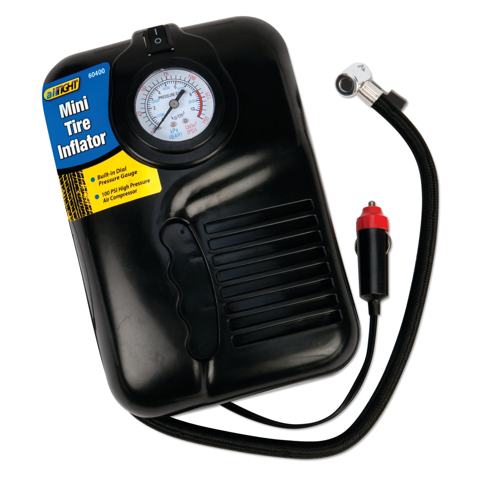 12-Volt Performance Tool Portable Mini Tire Inflator with Built-In Pressure Gauge and LED Light for Cars, SUVs, Bikes, and Motorcycles