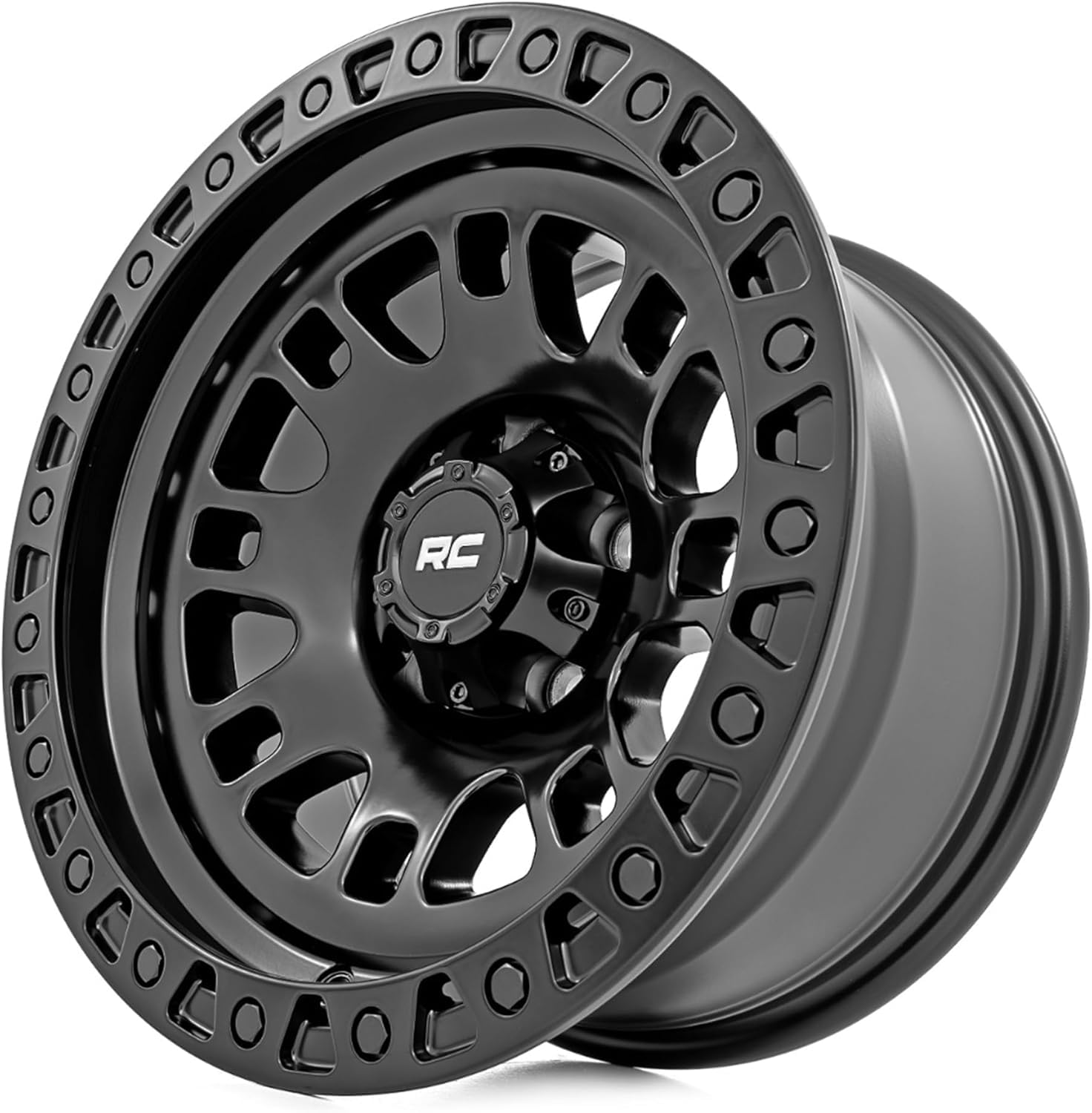 18x9 Rough Country 82 Series Wheel - 5x5.0" Bolt Pattern, 0mm Offset, Semi-Gloss Black One-Piece Aluminum Off-Road Wheel with 8-Spoke Design