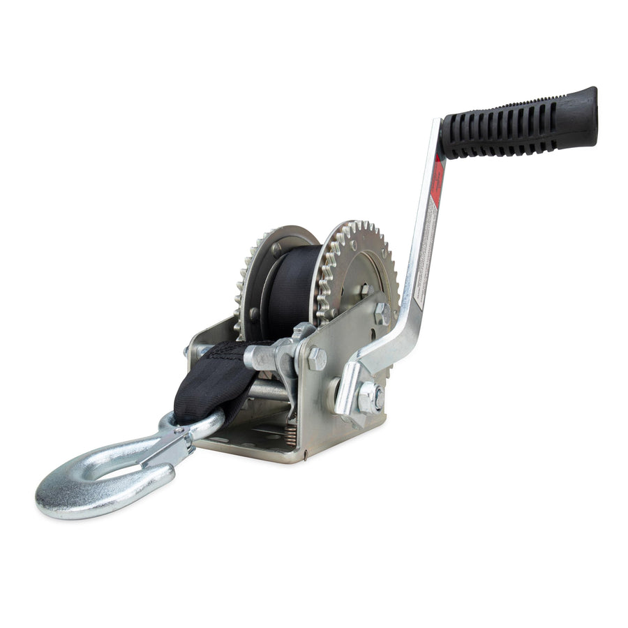 2000lb Camco Boat Trailer Winch - Manual Hand Crank Boat Winch Features 20-Foot Strap & 2-Way Ratchet - 2,000lb Weight Capacity - Boat Trailer Accessories (50000)