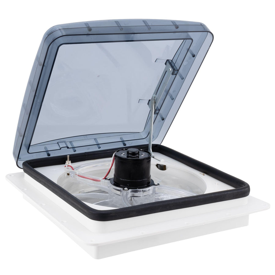 Zephyr RV HENG'S INDUSTRIES 14" Roof Vent Fan | Clear Lid | Manaul Crank | White Screen Frame, Collar, & 6" Square Garnish | SV0112-G4 / 70112V-G4