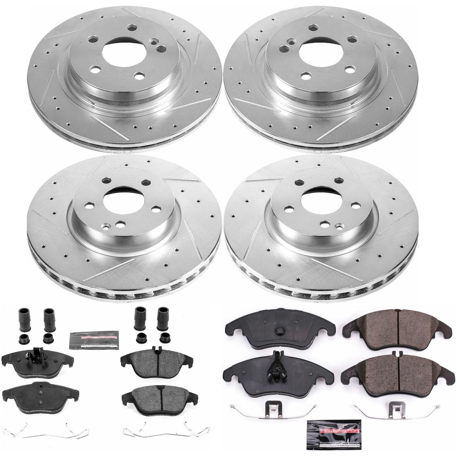 Power Stop K5793 Z23 Carbon Fiber Brake Pads Front and Rear with Drilled & Slotted Brake Rotors Kit and 1 Front & 1 Rear Sensor Wires For C300, C350, E350, E400 [Model Specific]