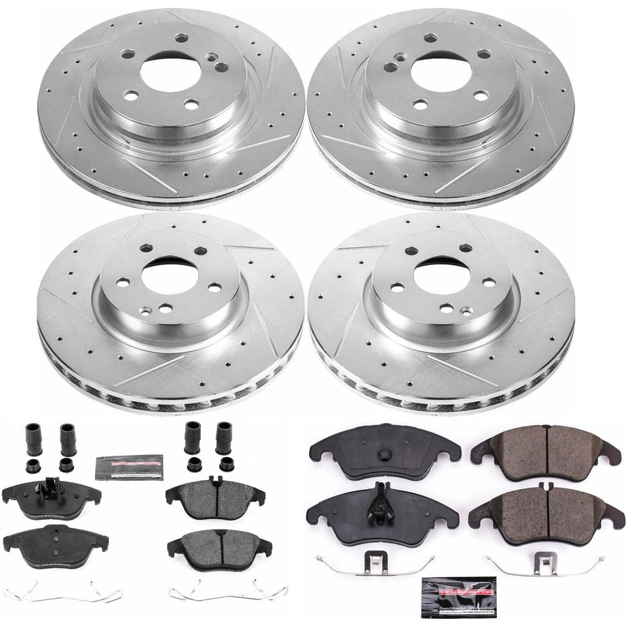 Power Stop K5793 Z23 Carbon Fiber Brake Pads Front and Rear with Drilled & Slotted Brake Rotors Kit and 1 Front & 1 Rear Sensor Wires For C300, C350, E350, E400 [Model Specific]