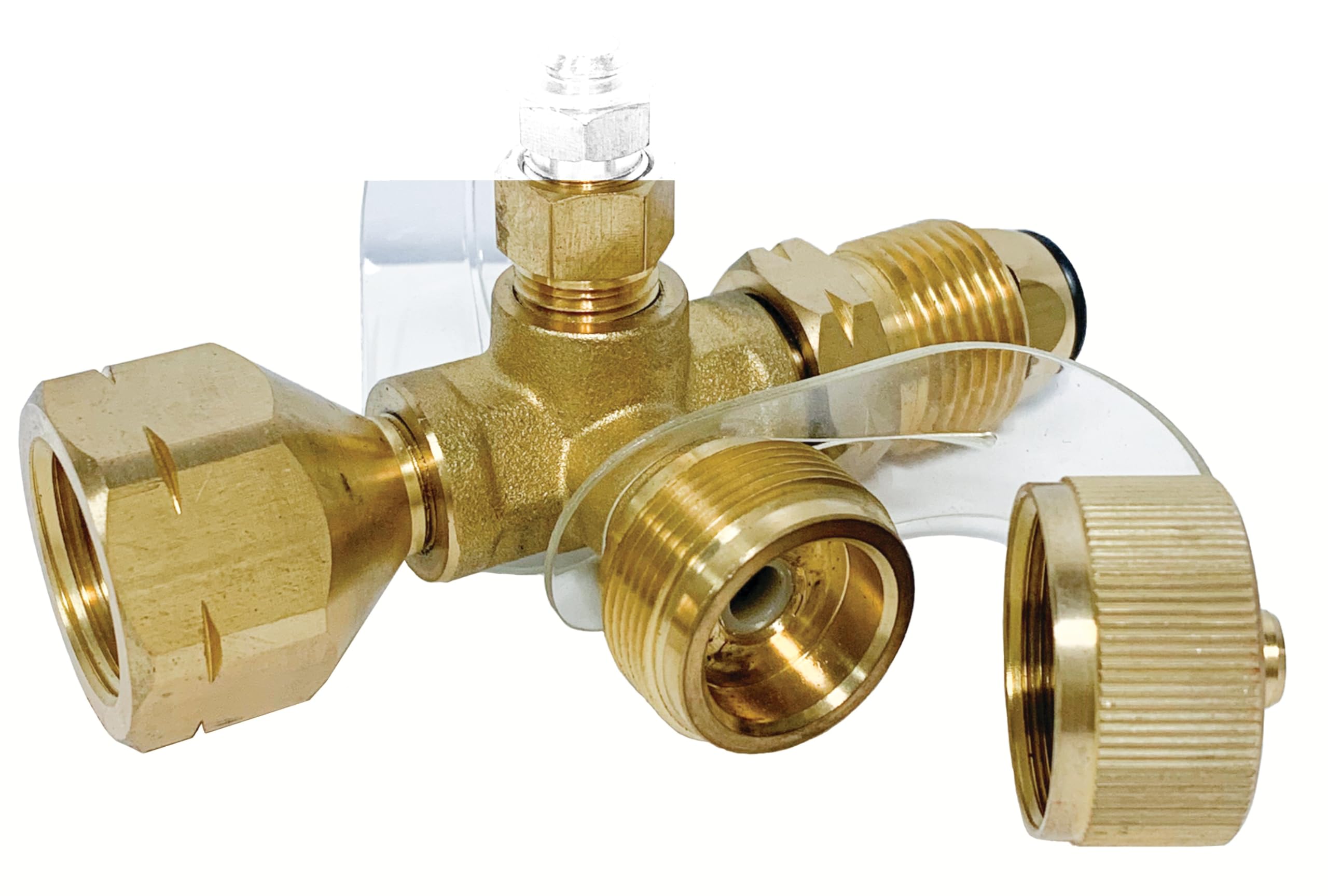 4-Port Suburban Propane Tee- Inlet: Female POL, 1/4" Inverted Flare, Outlets: 1"-20 Male Throwaway Cylinder Thread, Excess Flow Soft Nose POL