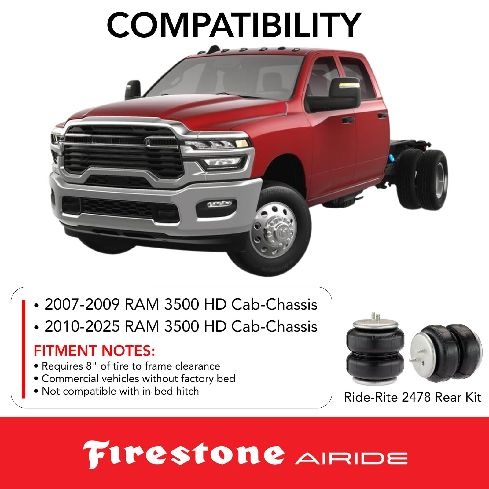 Firestone 2478 Airide Ride-Rite Rear Springs Kit fits 2010-2025 Ram 3500HD Cab-Chassis | 5-100 PSI | No Drill Installation | Reduces Tire Wear | Enhances Brake Effectiveness