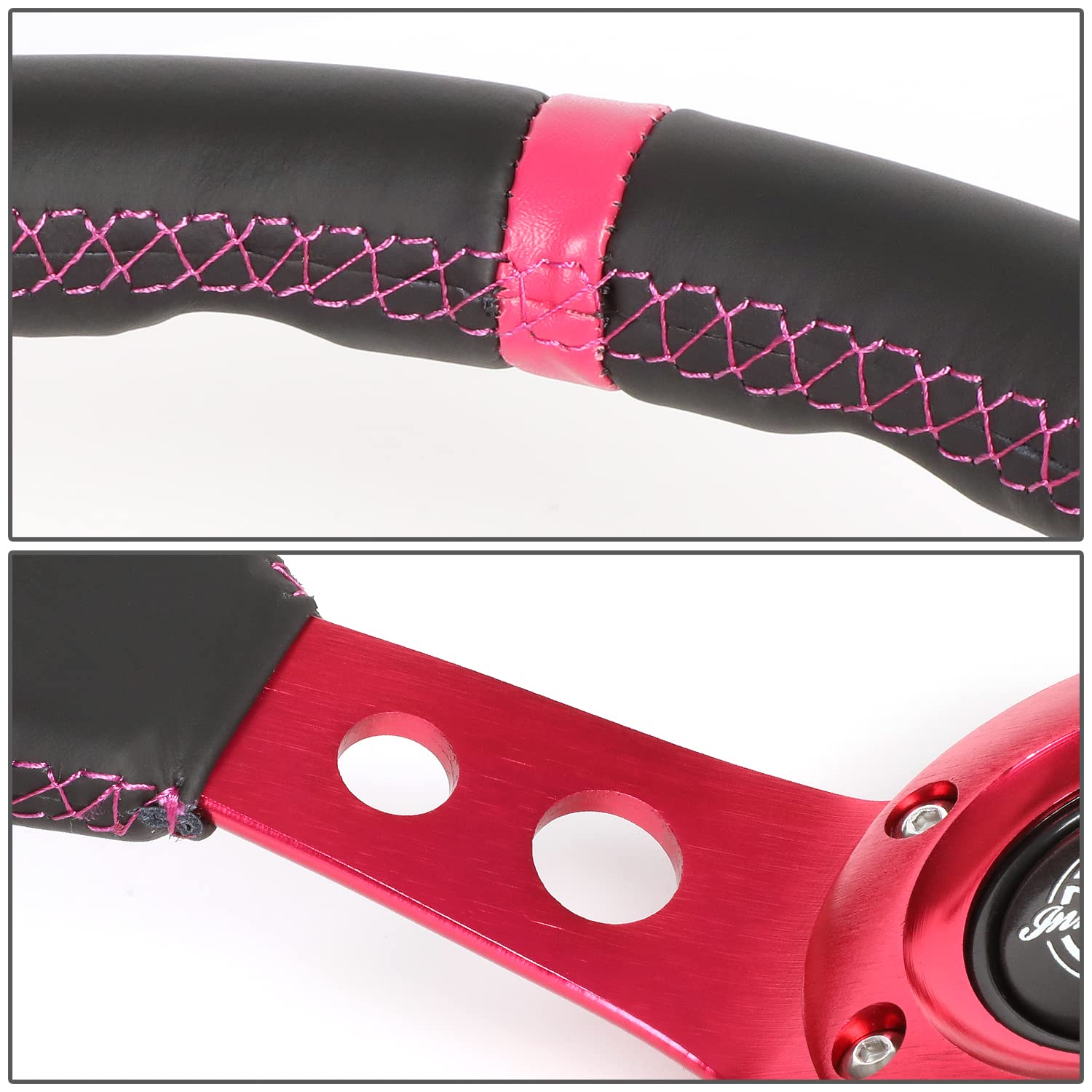 NRG Innovations Reinforced NRG-RST-006FH Steering Wheel 350mm Sport Steering Wheel (3" Deep), Black Leather Fushia Center Mark with Fushia Stitching, Fushia Center Spoke