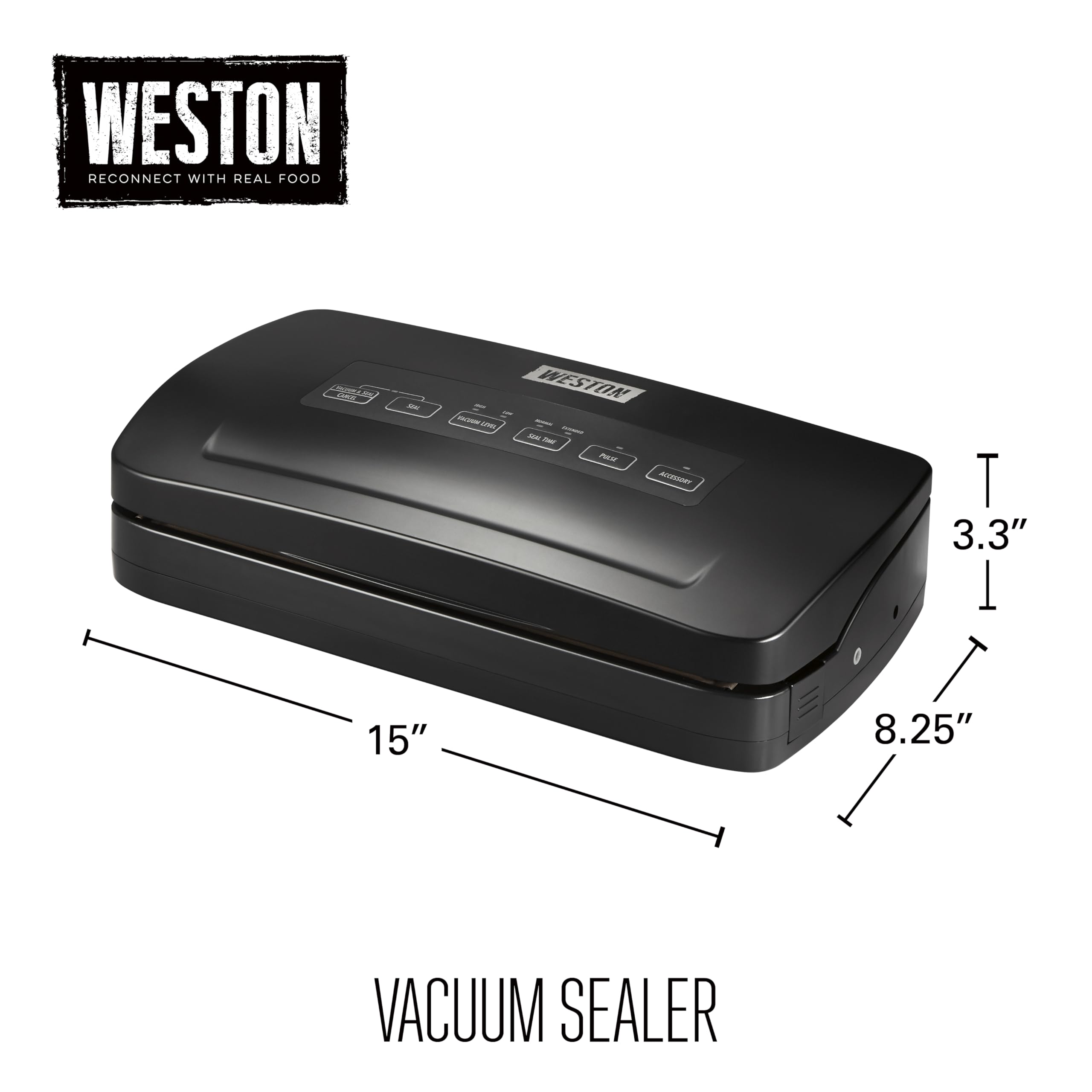 Vacuum Sealer Machine Weston Brands for Food Preservation & Sous Vide, Seals Bags up to 11” Wide, 110 Watts, 22.5” HG Strength, Includes Roll Storage and Starter Pack, Black (65-3001-W)