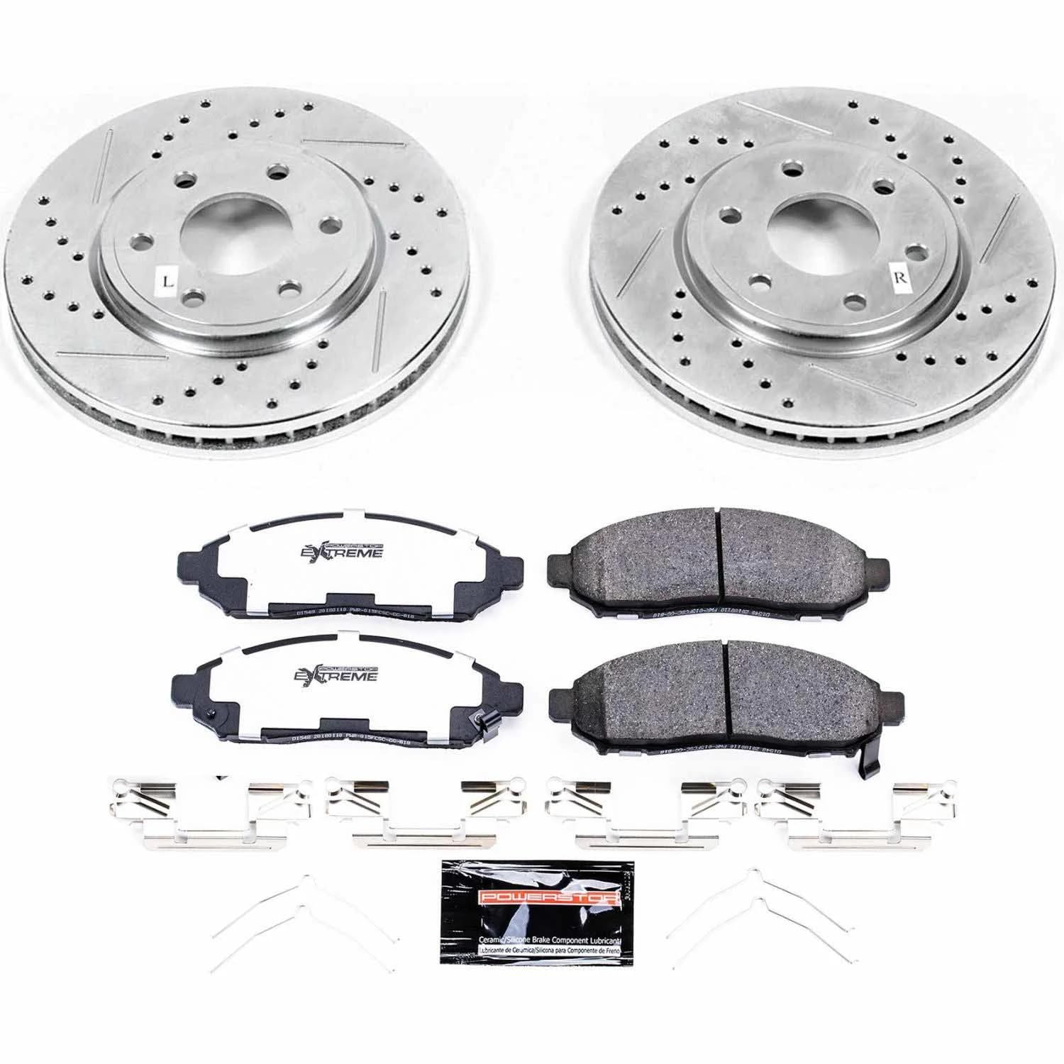 Front Brake Kit Power Stop For 2016 2017 2018 2019 Nissan Frontier - Truck & Tow Carbon Fiber Ceramic Brake Pads & Drilled and Slotted Rotors Replacement, K8324-36