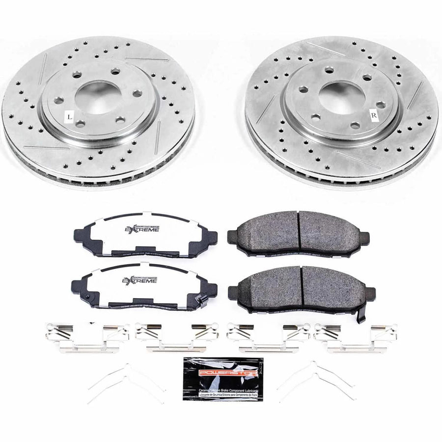 Front Brake Kit Power Stop For 2016 2017 2018 2019 Nissan Frontier - Truck & Tow Carbon Fiber Ceramic Brake Pads & Drilled and Slotted Rotors Replacement, K8324-36